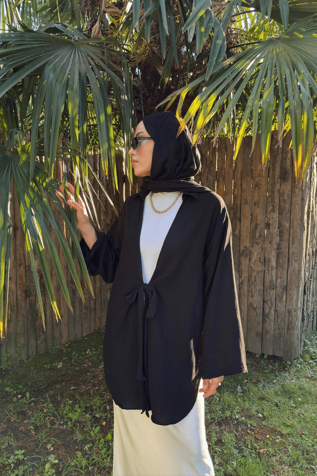 Kadın Siyah Bağlama Detaylı Flam Keten Kimono