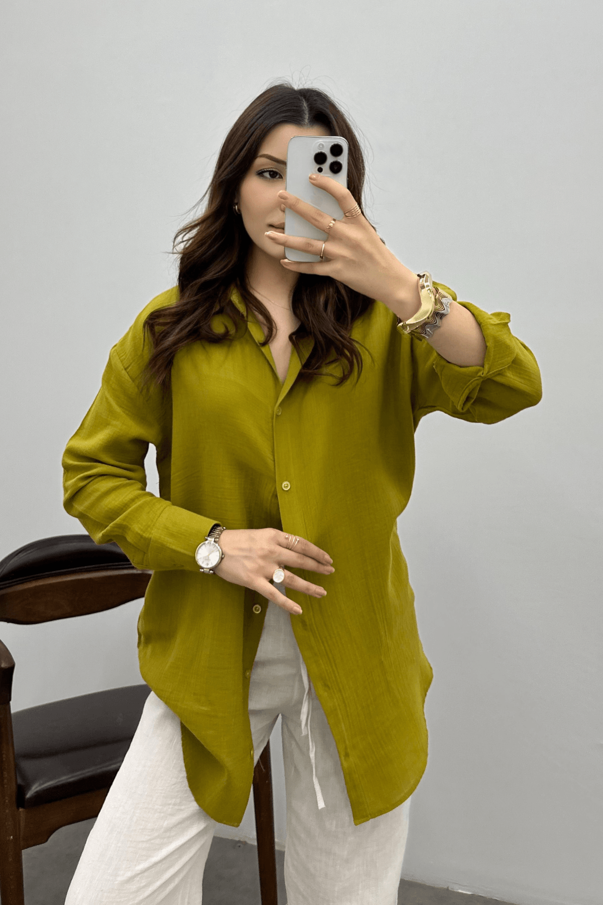 Kadın Yağ Yeşili Oversize Basic Müslin Gömlek