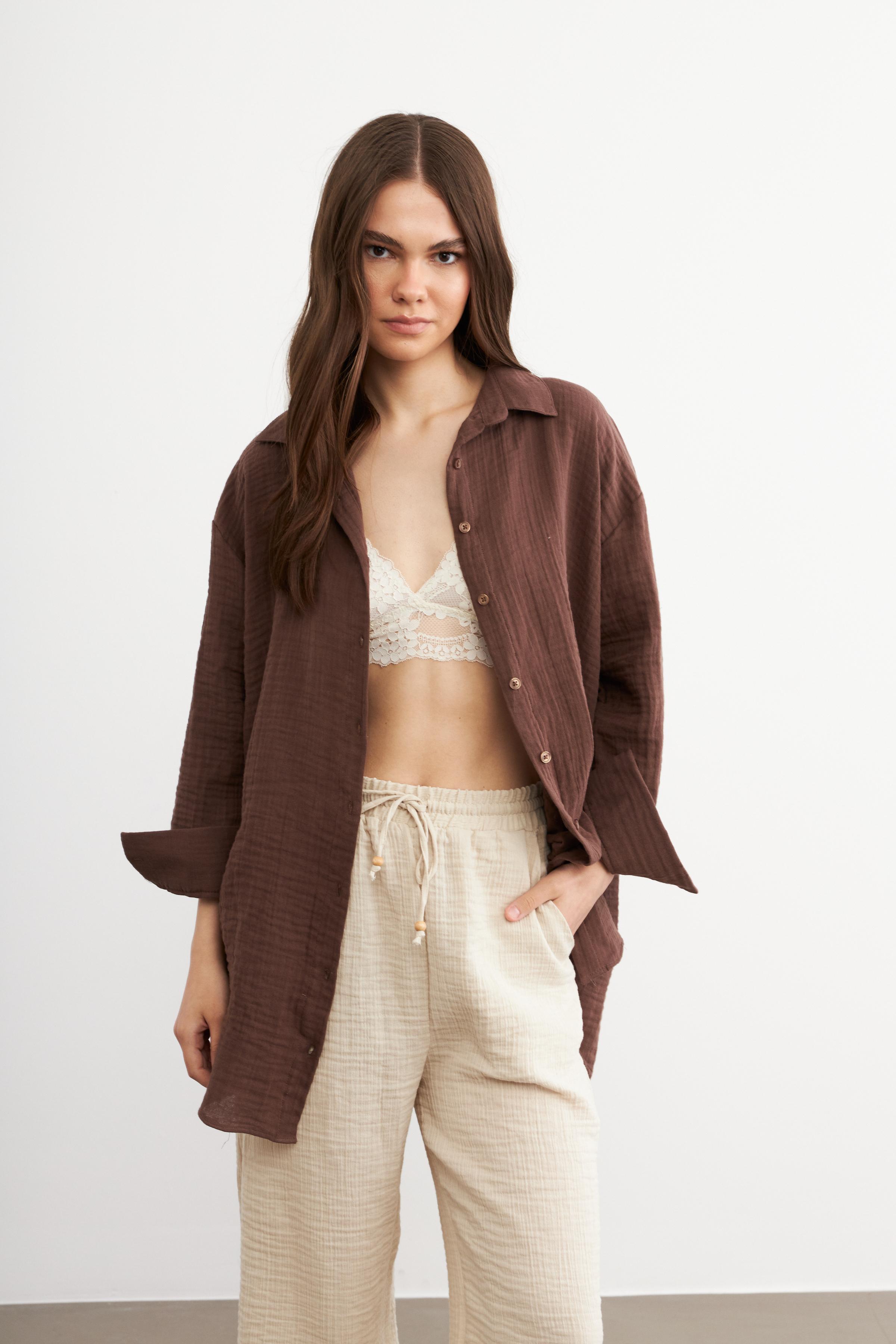 Kadın Acı Kahve Oversize Basic Müslin Gömlek