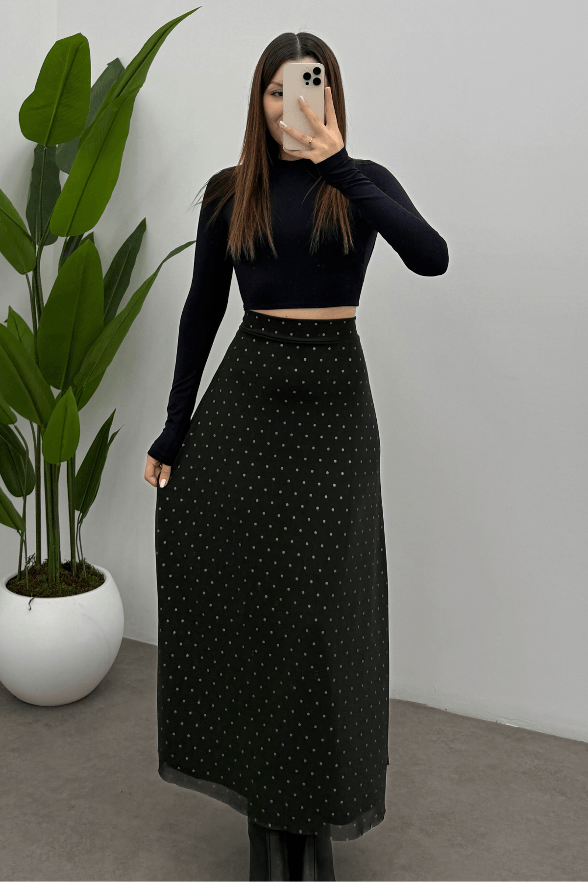 Kadın Yeşil Puantiyeli   Arka Lastik Detaylı Fermuarlı Tül Etek