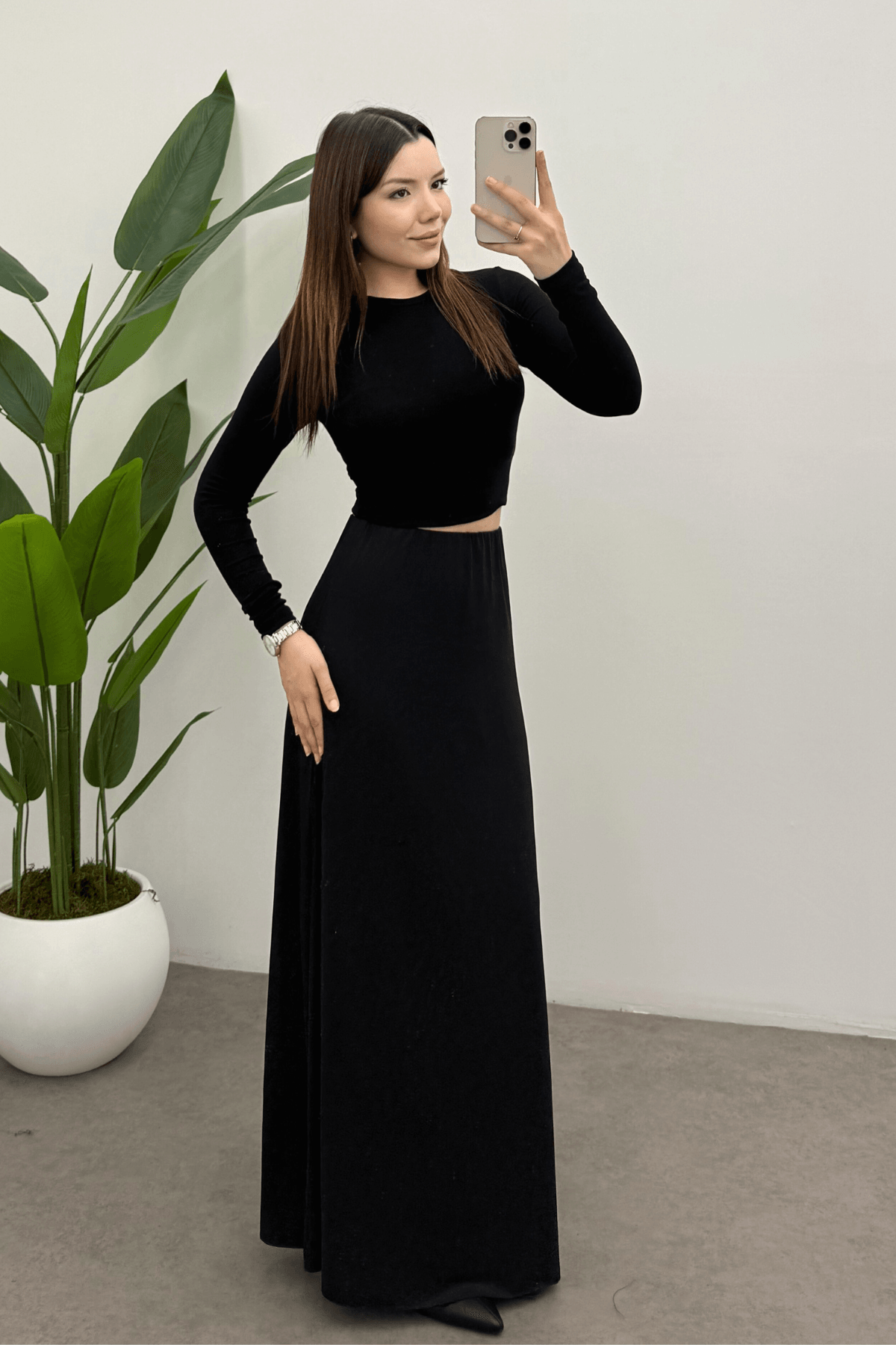 Kadın Siyah Likralı Yüksek Bel Fitted Relaxed Polyamid Maksi Basic Etek