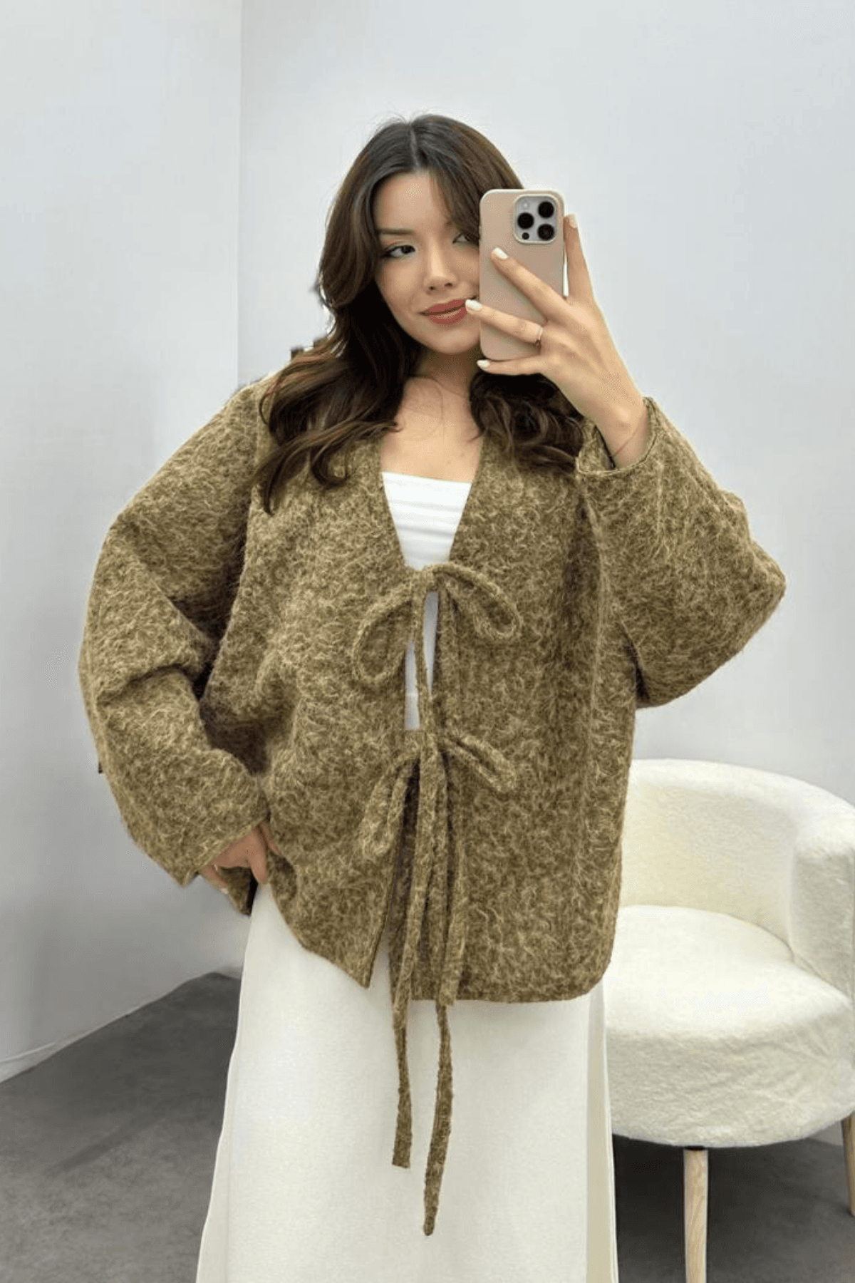 Kadın Camel Bağcık Detaylı İthal Kaşe Ceket