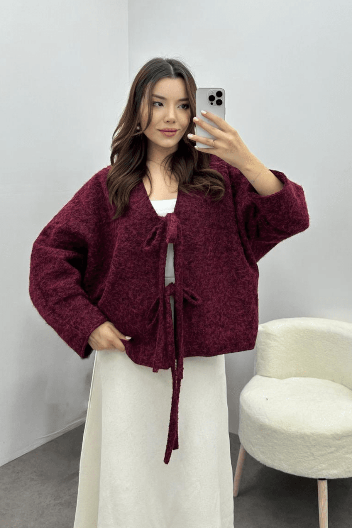Kadın Bordo Bağcık Detaylı İthal Kaşe Ceket