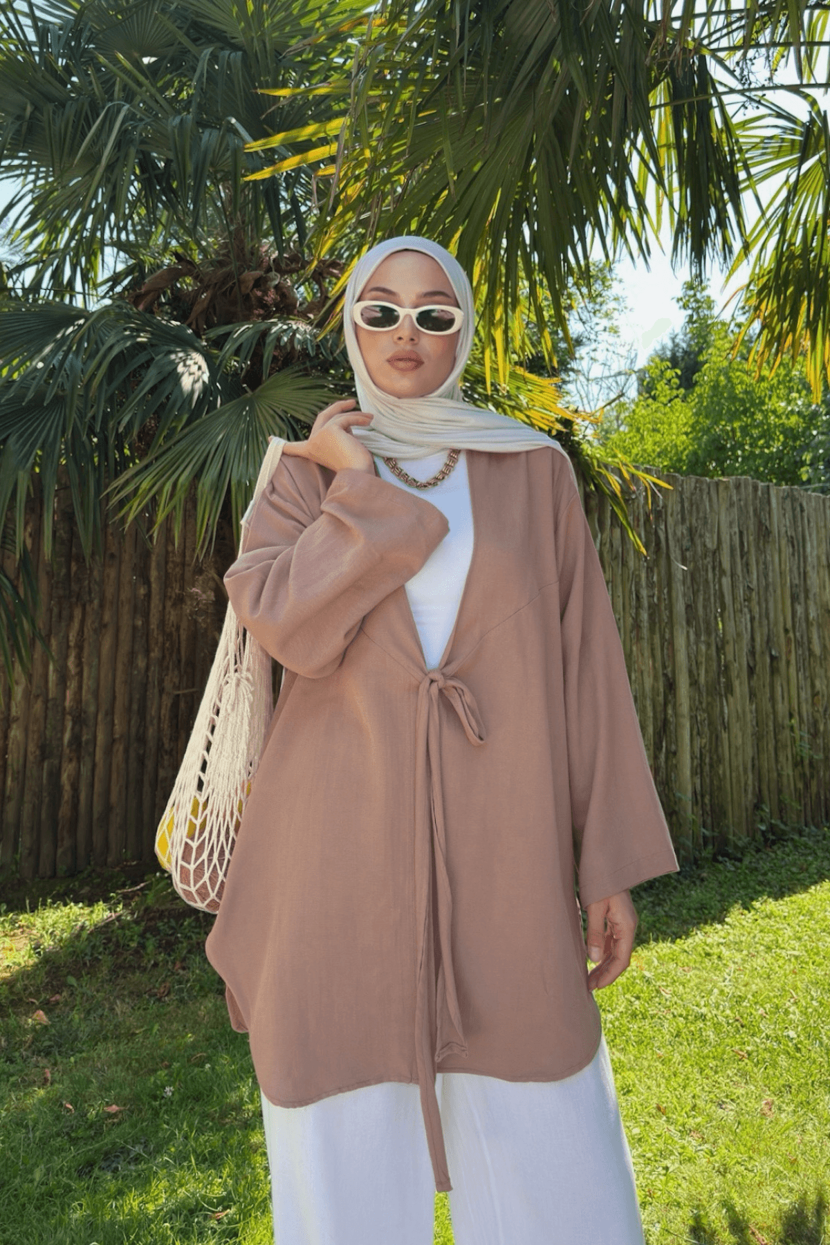 Kadın Kahverengi Bağlama Detaylı Flam Keten Kimono
