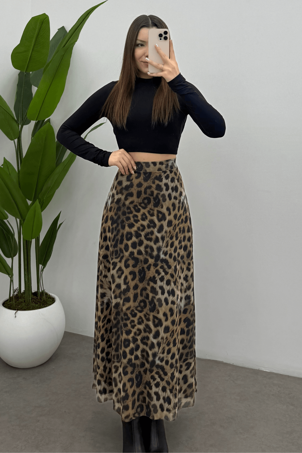  Kadın Leopar   Arka Lastik Detaylı Fermuarlı Maksi  Tül Etek