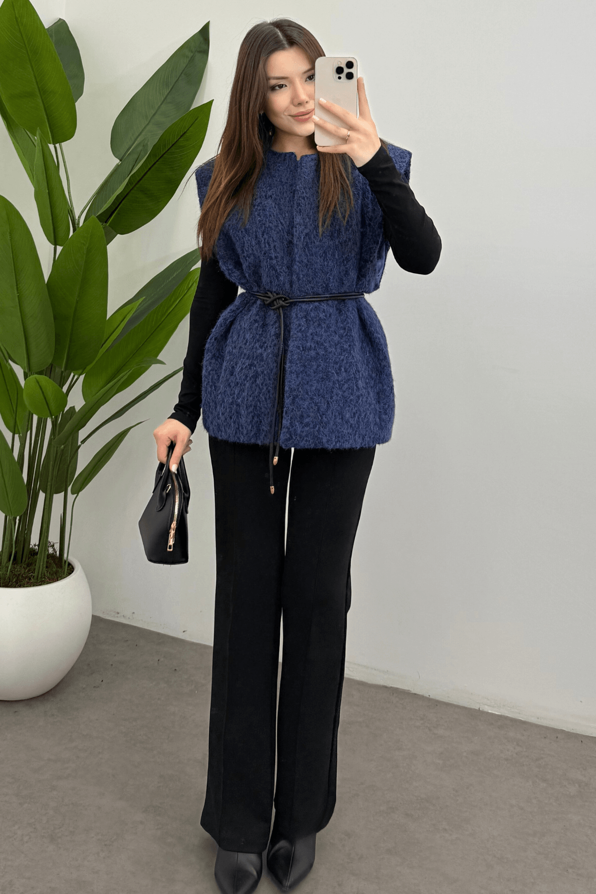 Lacivert Kemerli Kaşe Yelek