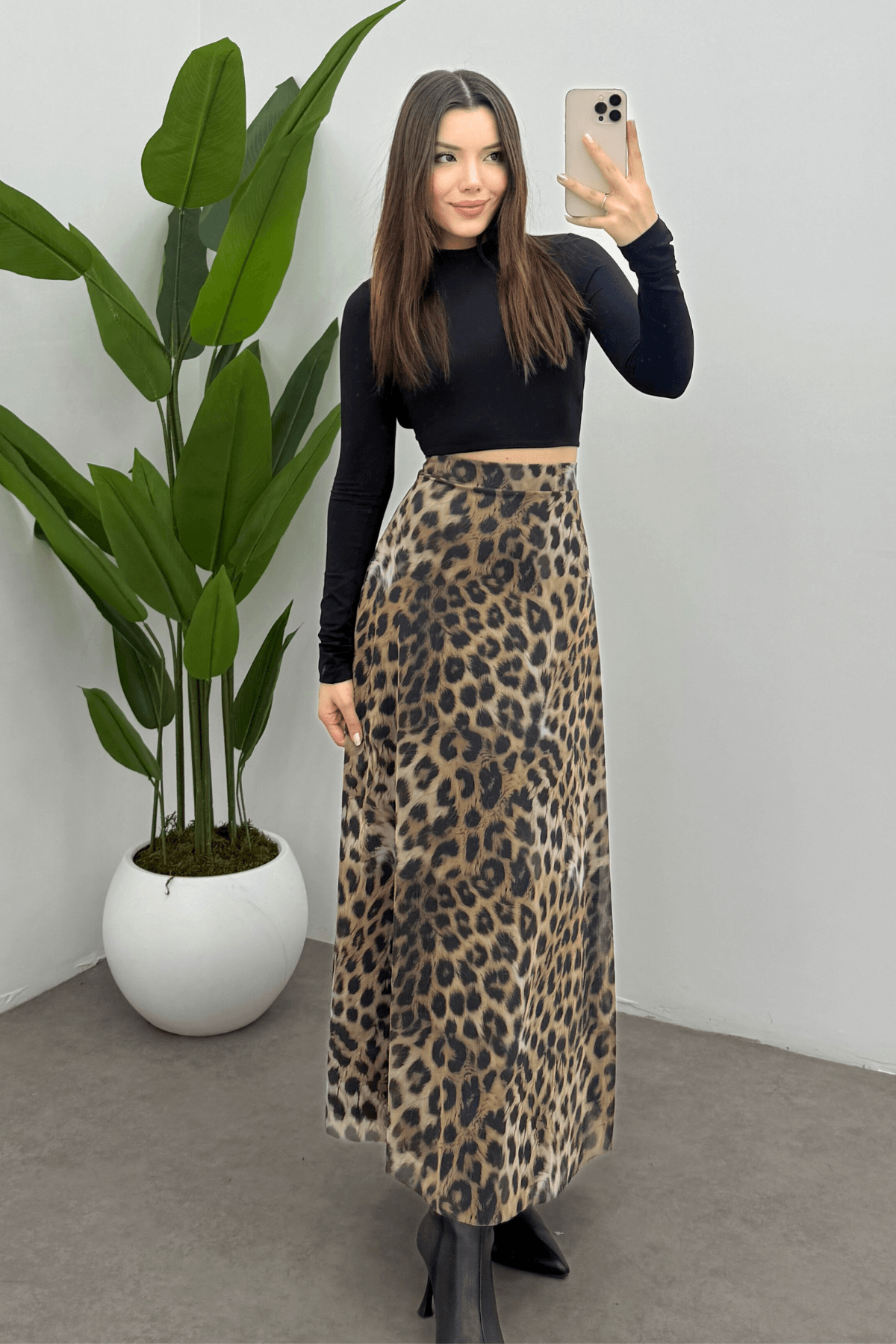  Kadın Leopar   Arka Lastik Detaylı Fermuarlı Maksi  Tül Etek