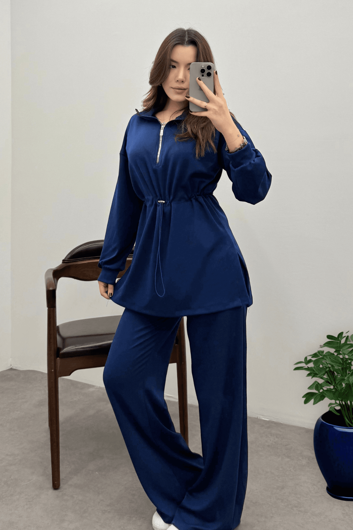 Kadın Lacivert Oysho Beli Lastikli Fermuarlı Sweat Takım