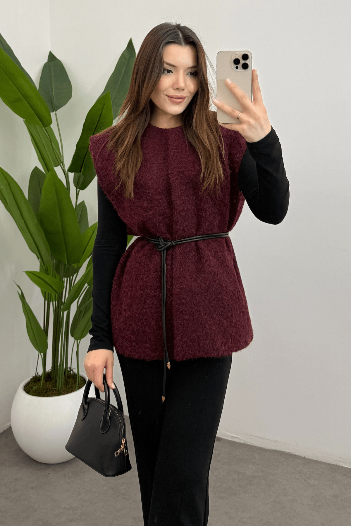 Kadın Bordo Kemerli Kaşe Yelek