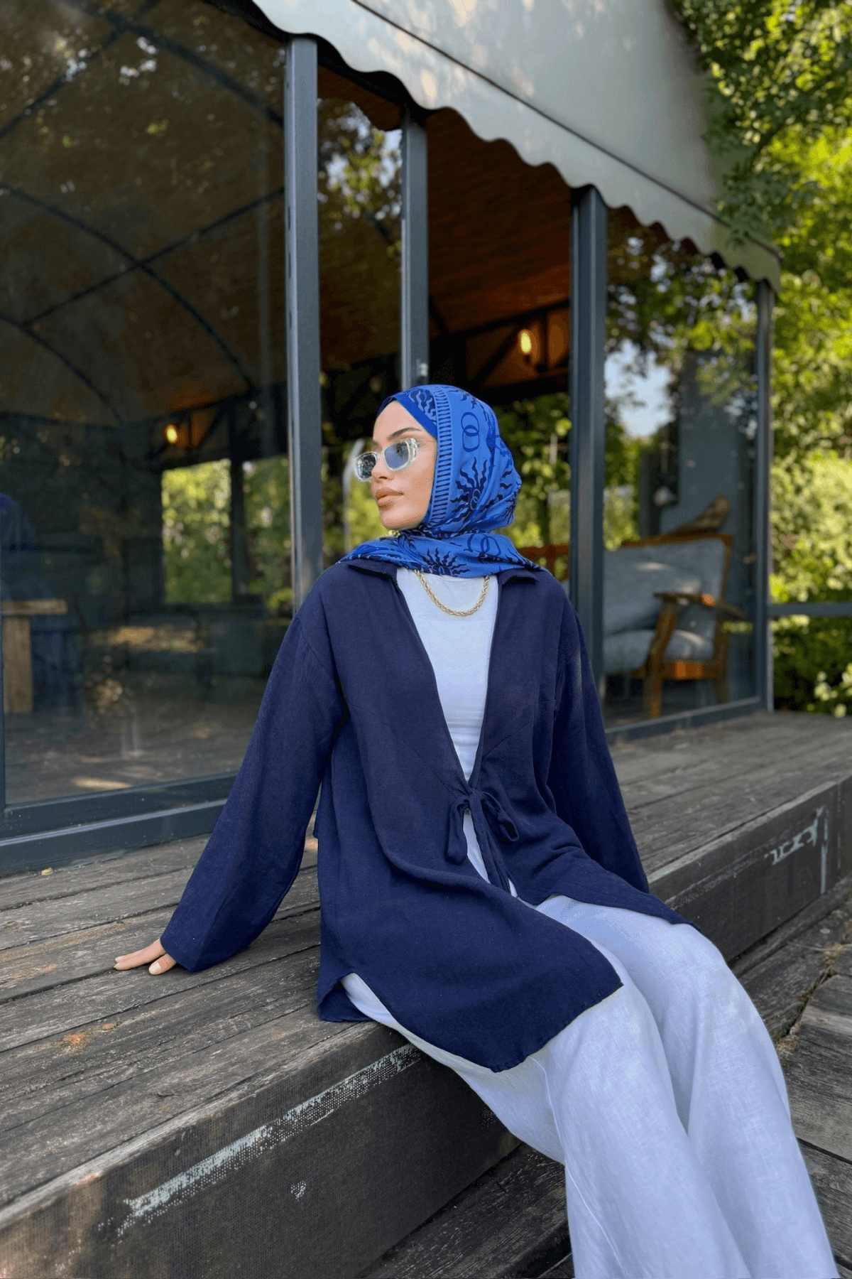 Kadın Lacivert Bağlama Detaylı Flam Keten Kimono