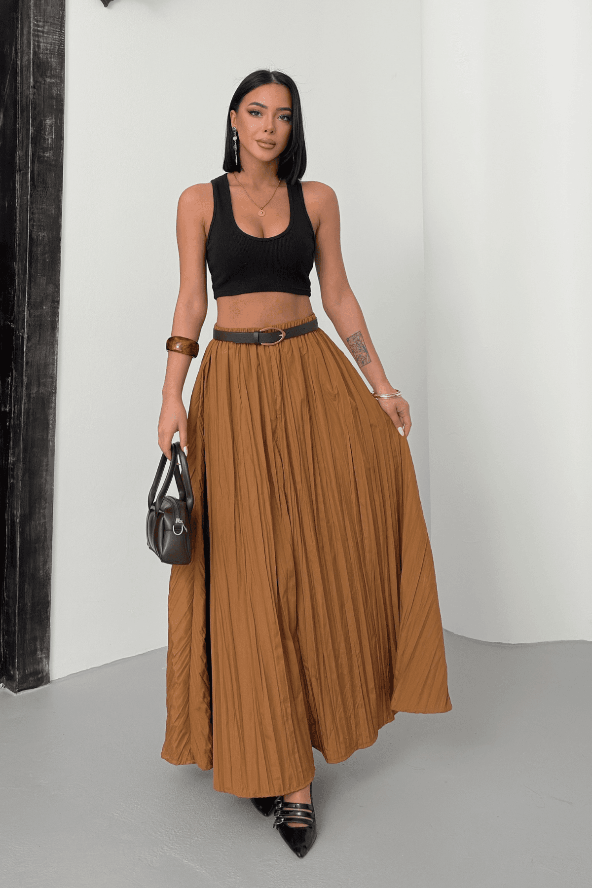 Kadın Camel Crush Efektli Uzun Kloş Etek