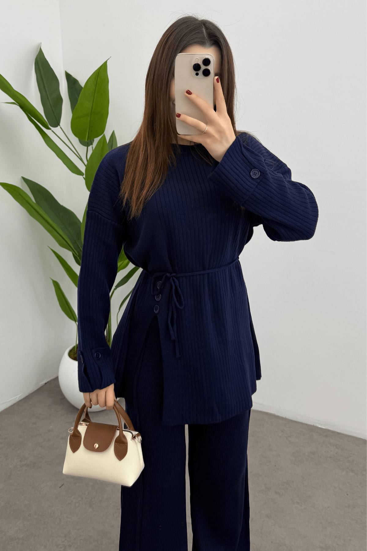 Kadın Lacivert Bel Bağlamalı Düğme Detaylı Fitilli Triko Kazak Pantolon İkili Takım