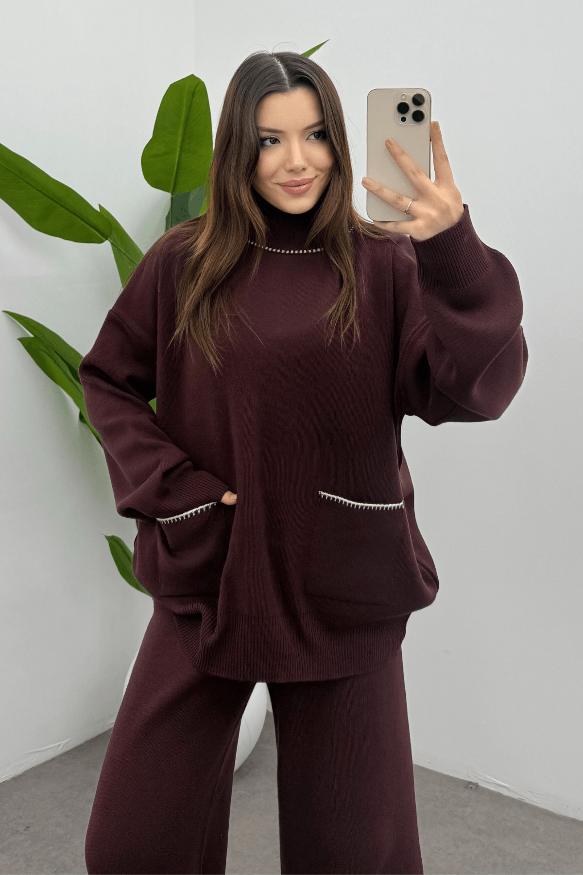 Kadın Bordo  Balıkçı Yaka Cep Detaylı Kazak Pantolon Triko Takım