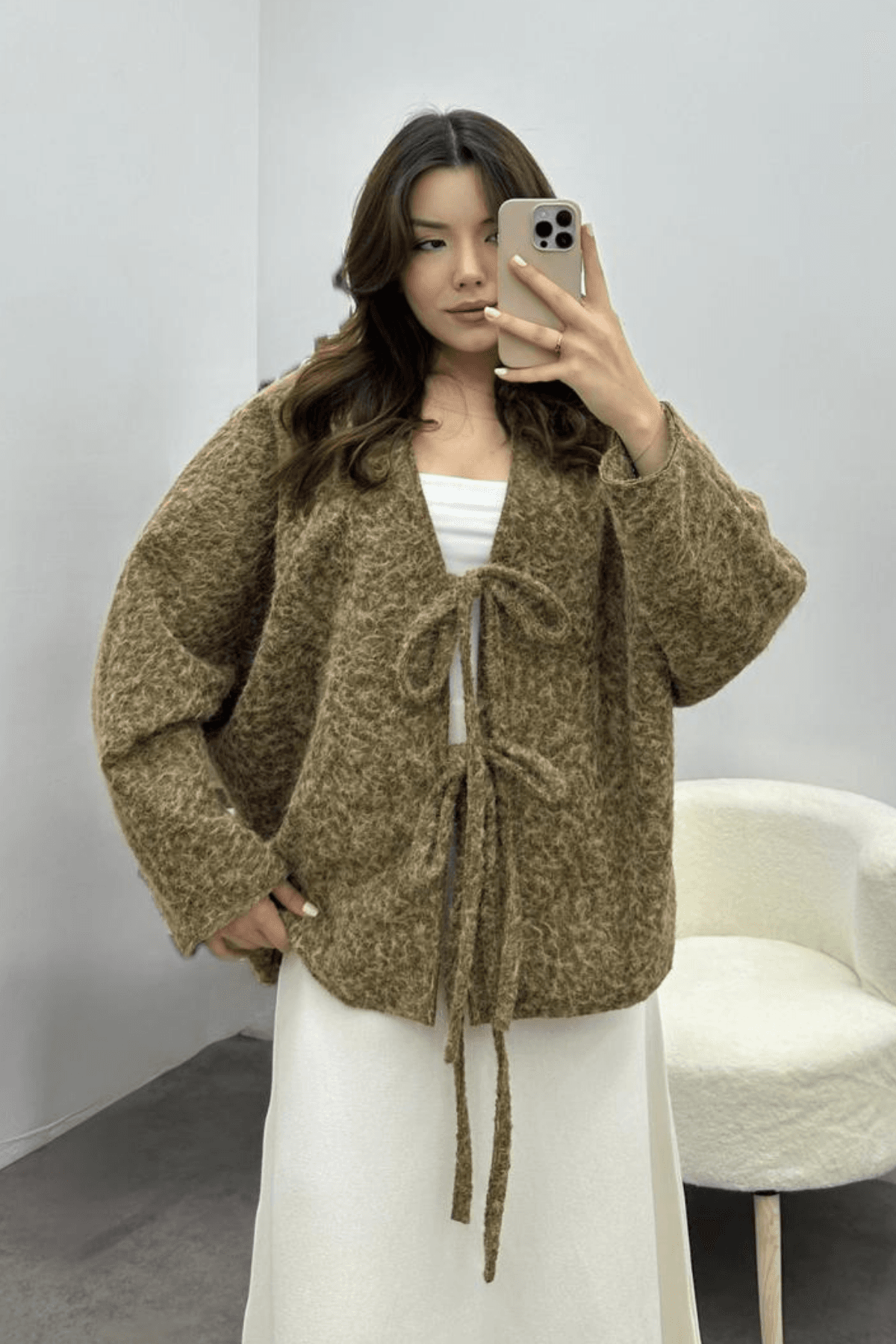 Kadın Camel Bağcık Detaylı İthal Kaşe Ceket