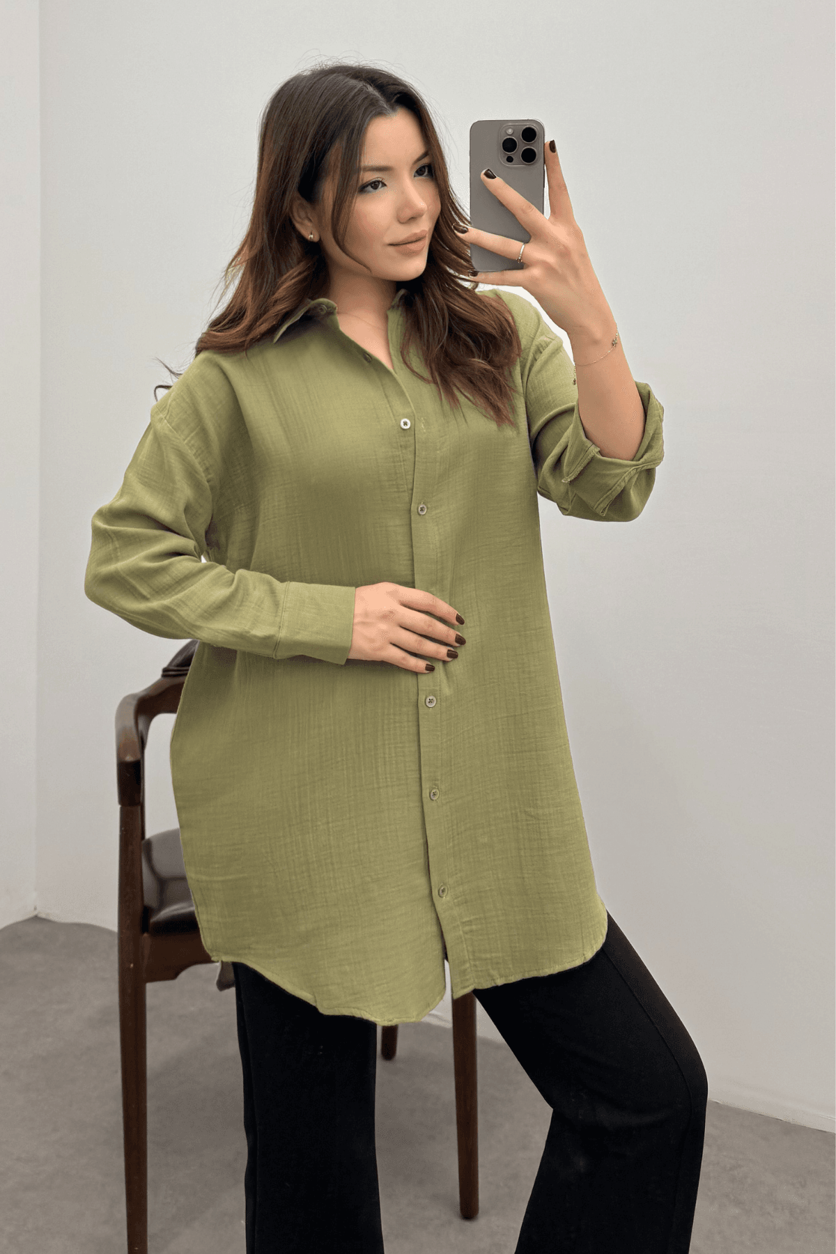 Kadın Haki Oversize Basic Müslin Gömlek