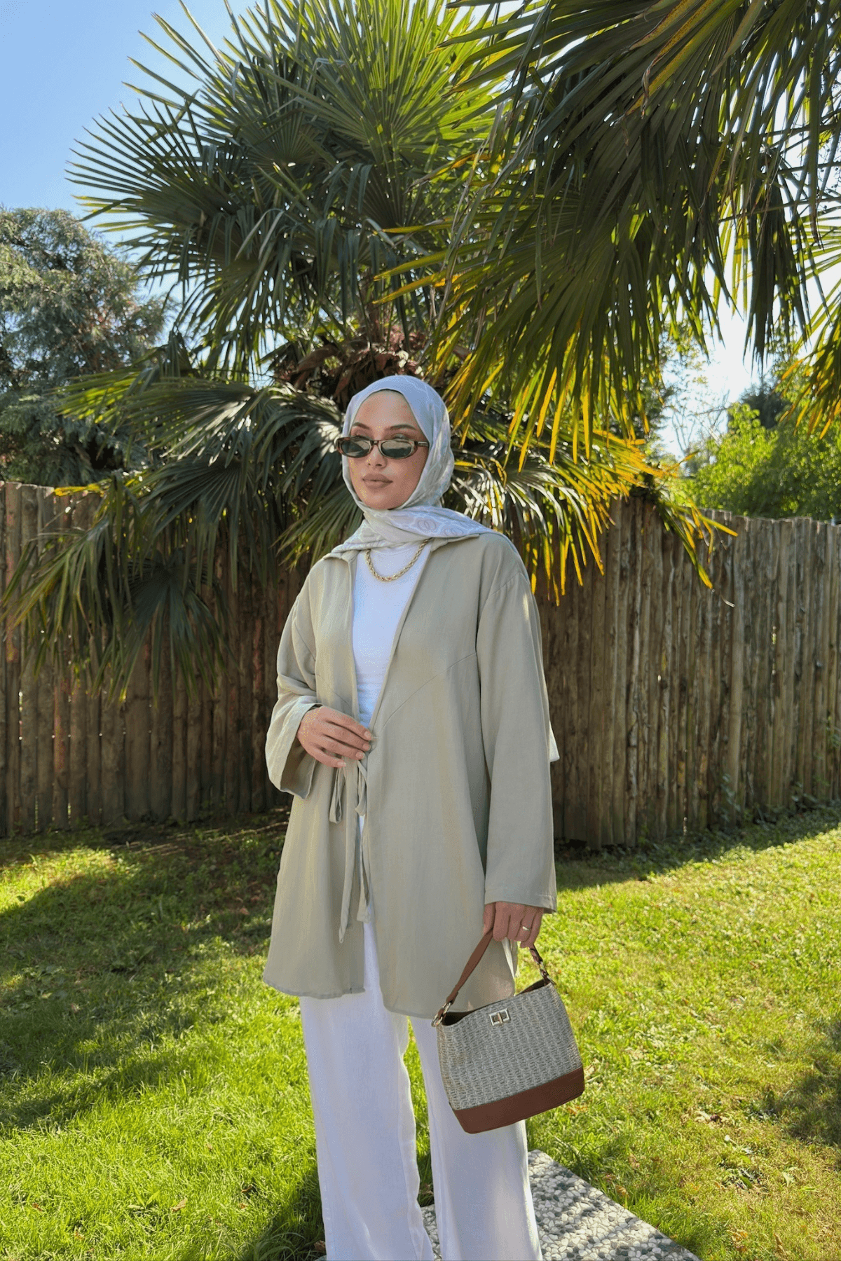 Kadın Küf Yeşili Bağlama Detaylı Flam Keten Kimono