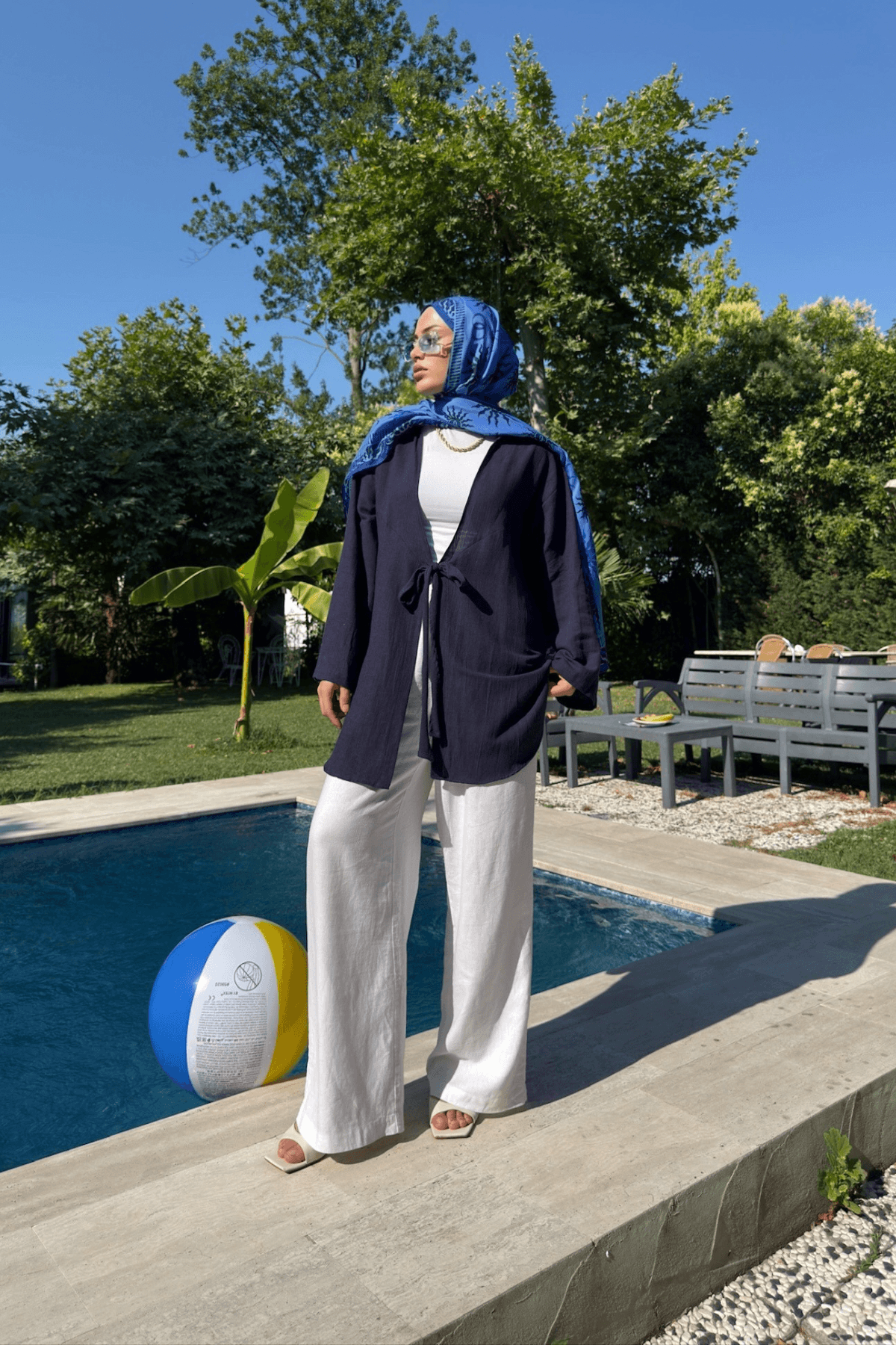Kadın Lacivert Bağlama Detaylı Flam Keten Kimono