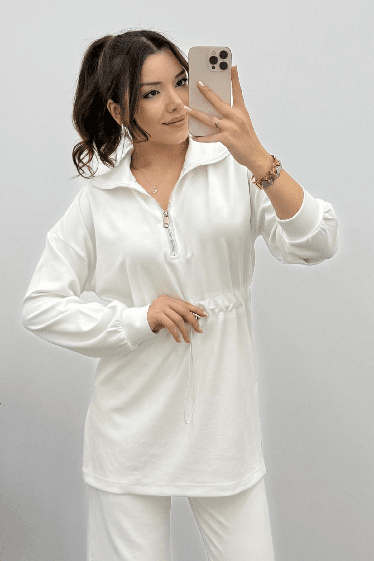 Kadın Beyaz Oysho Beli Lastikli Fermuarlı Sweat Takım