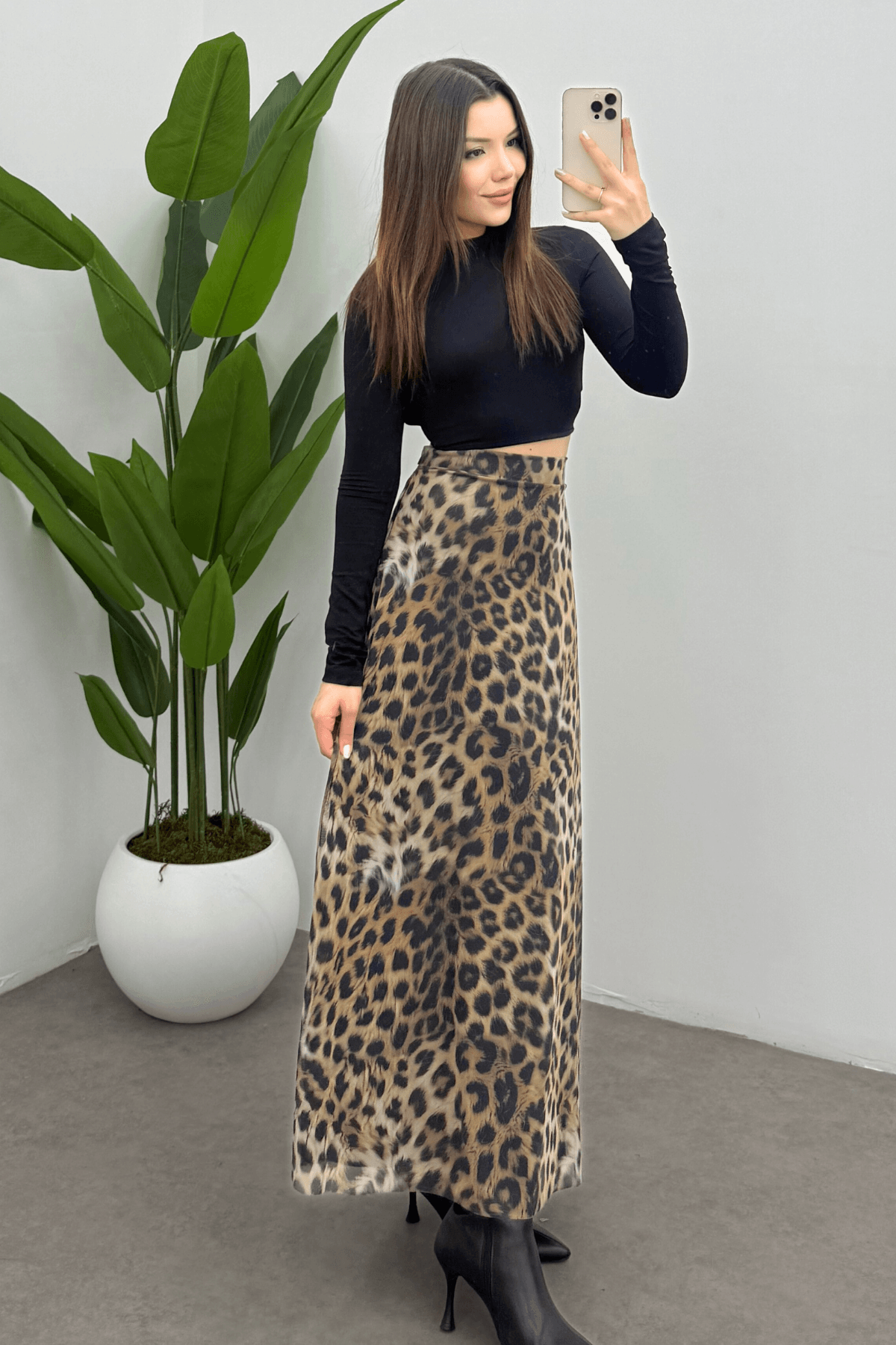  Kadın Leopar   Arka Lastik Detaylı Fermuarlı Maksi  Tül Etek