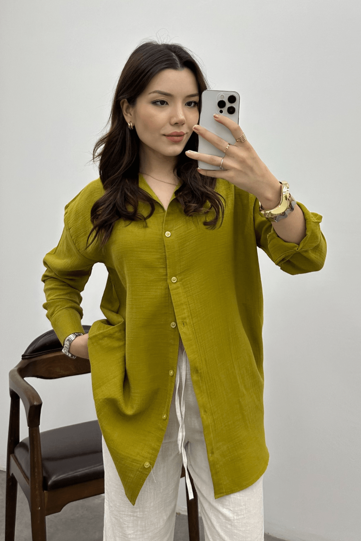 Kadın Yağ Yeşili Oversize Basic Müslin Gömlek