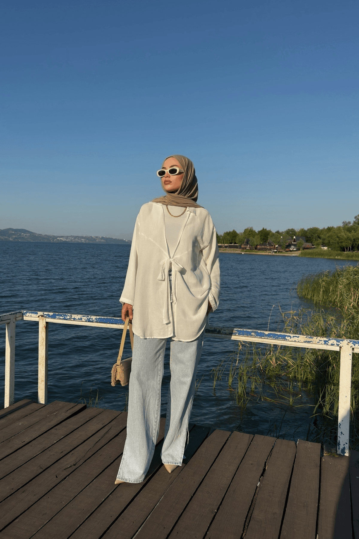 Kadın Beyaz Bağlama Detaylı Flam Keten Kimono