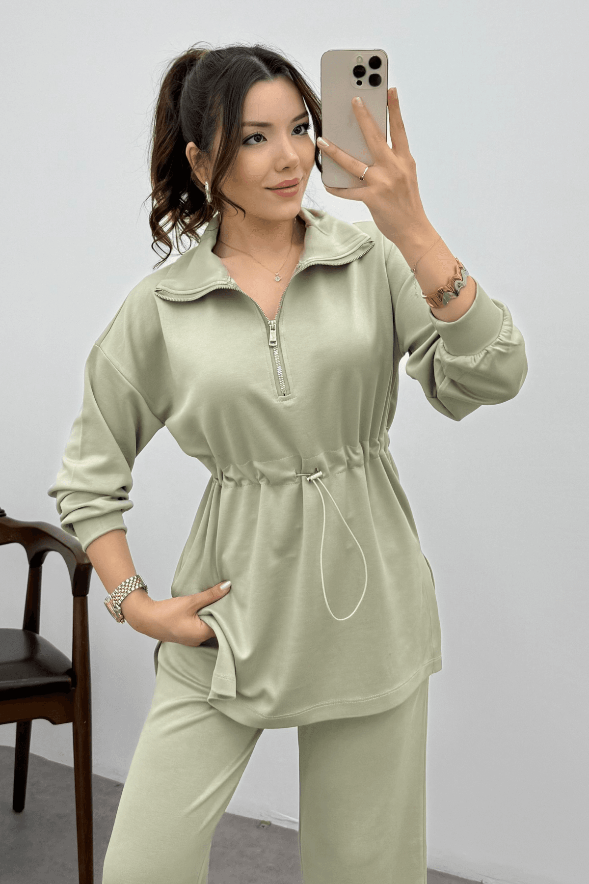 Kadın Soluk Haki Oysho Beli Lastikli Fermuarlı Sweat Takım