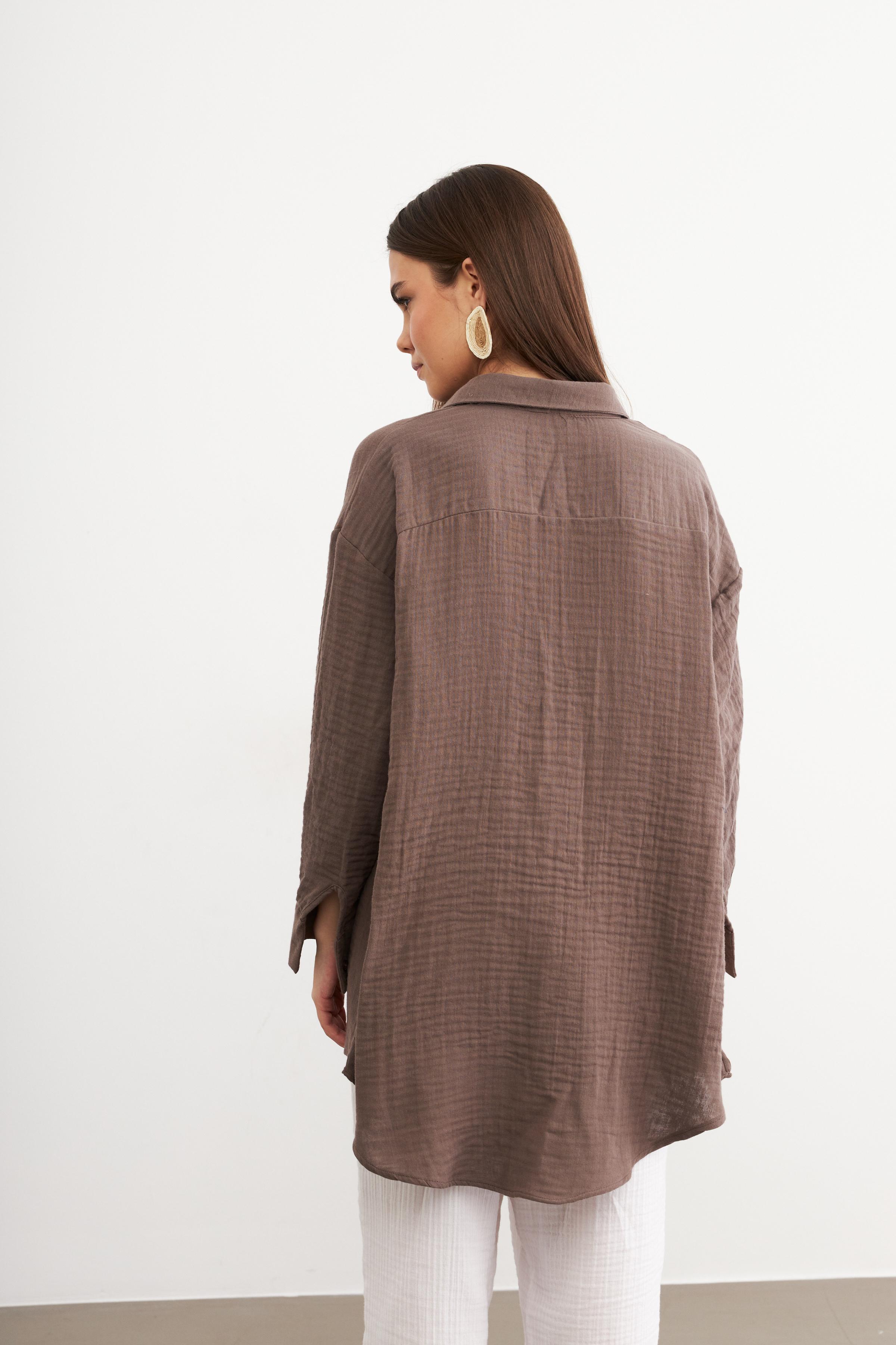 Kadın Mocha Oversize Basic Müslin Gömlek
