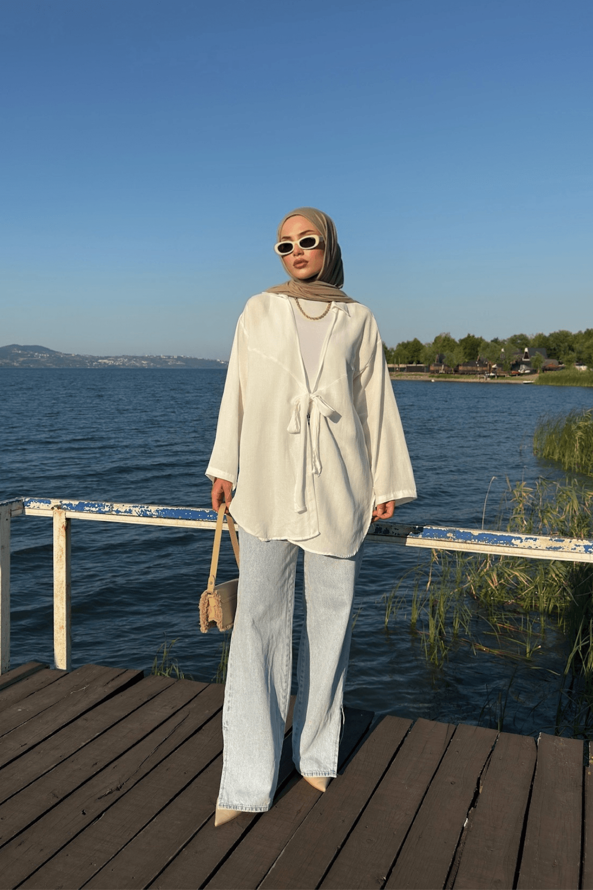 Kadın Beyaz Bağlama Detaylı Flam Keten Kimono