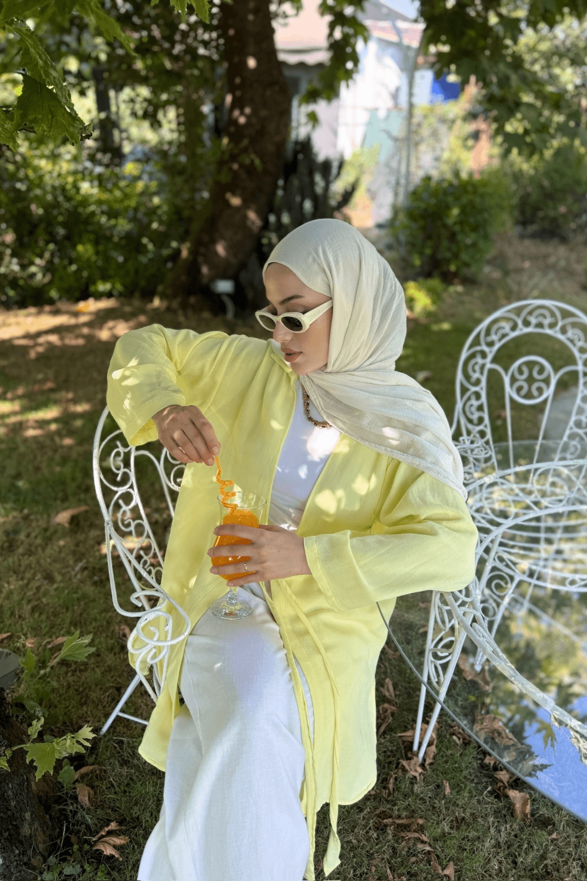 Kadın Tereyağı Sarı Bağlama Detaylı Flam Keten Kimono