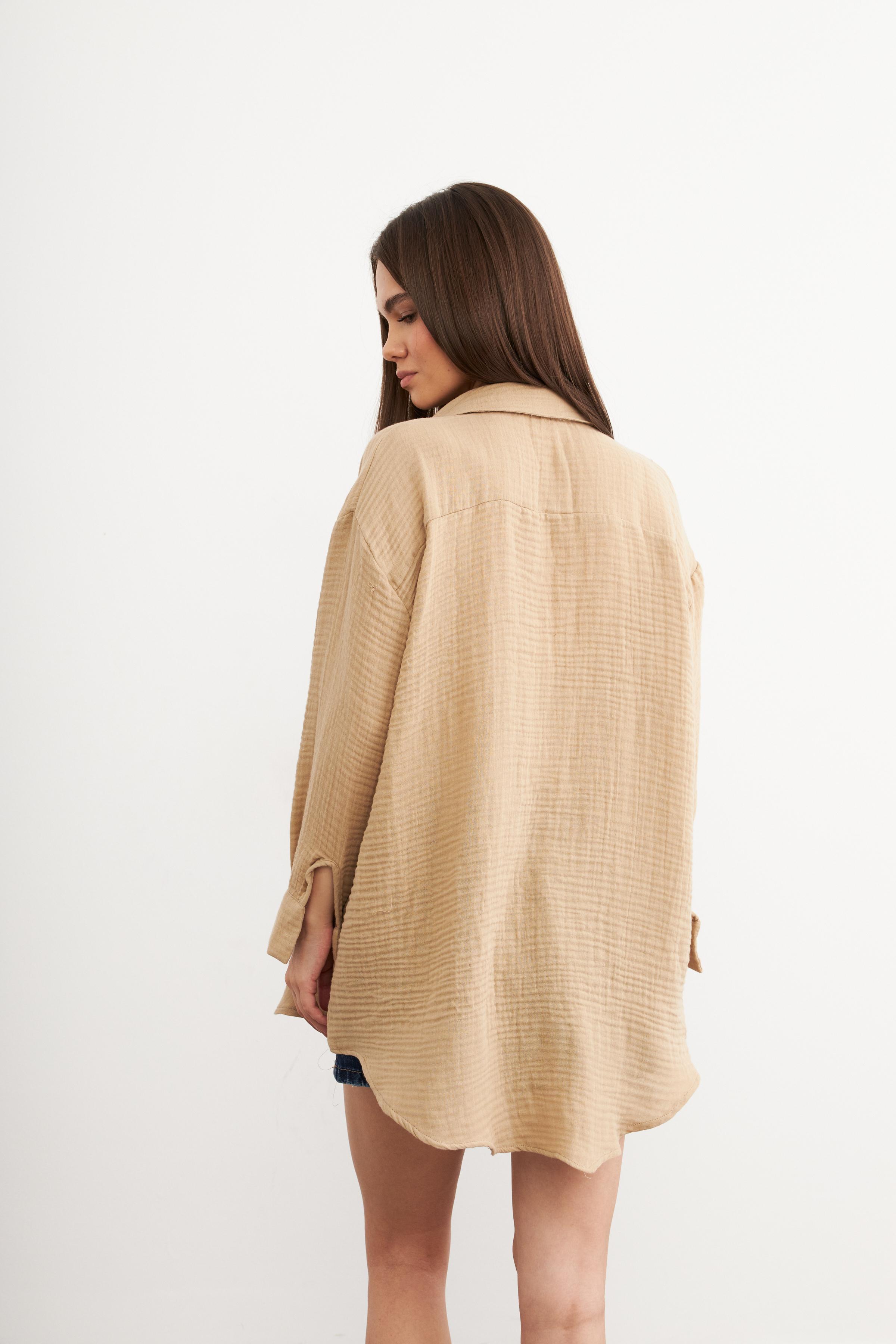 Kadın Krem Oversize Basic Müslin Gömlek