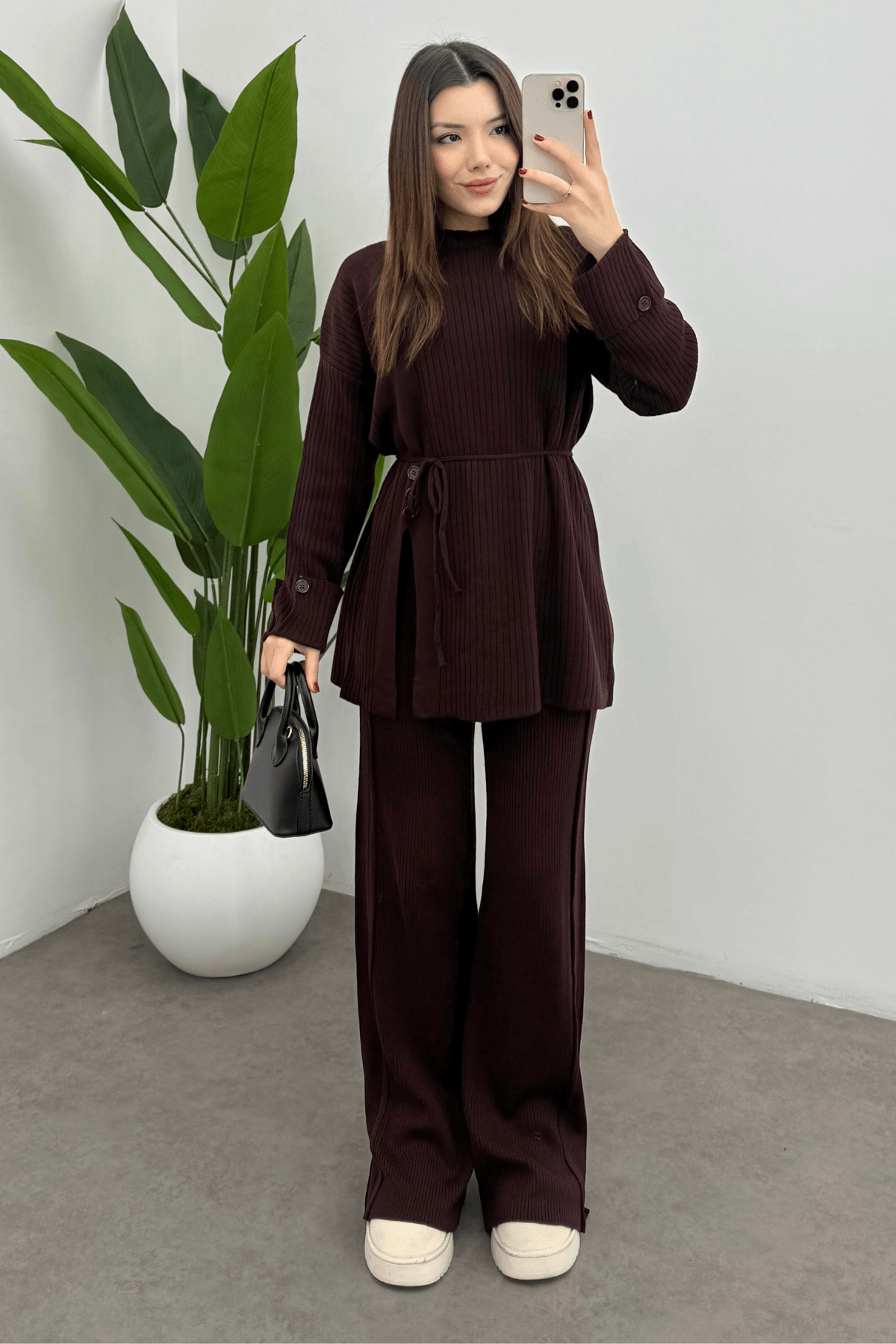 Kadın Bordo Bel Bağlamalı Düğme Detaylı Fitilli Triko Kazak Pantolon İkili Takım