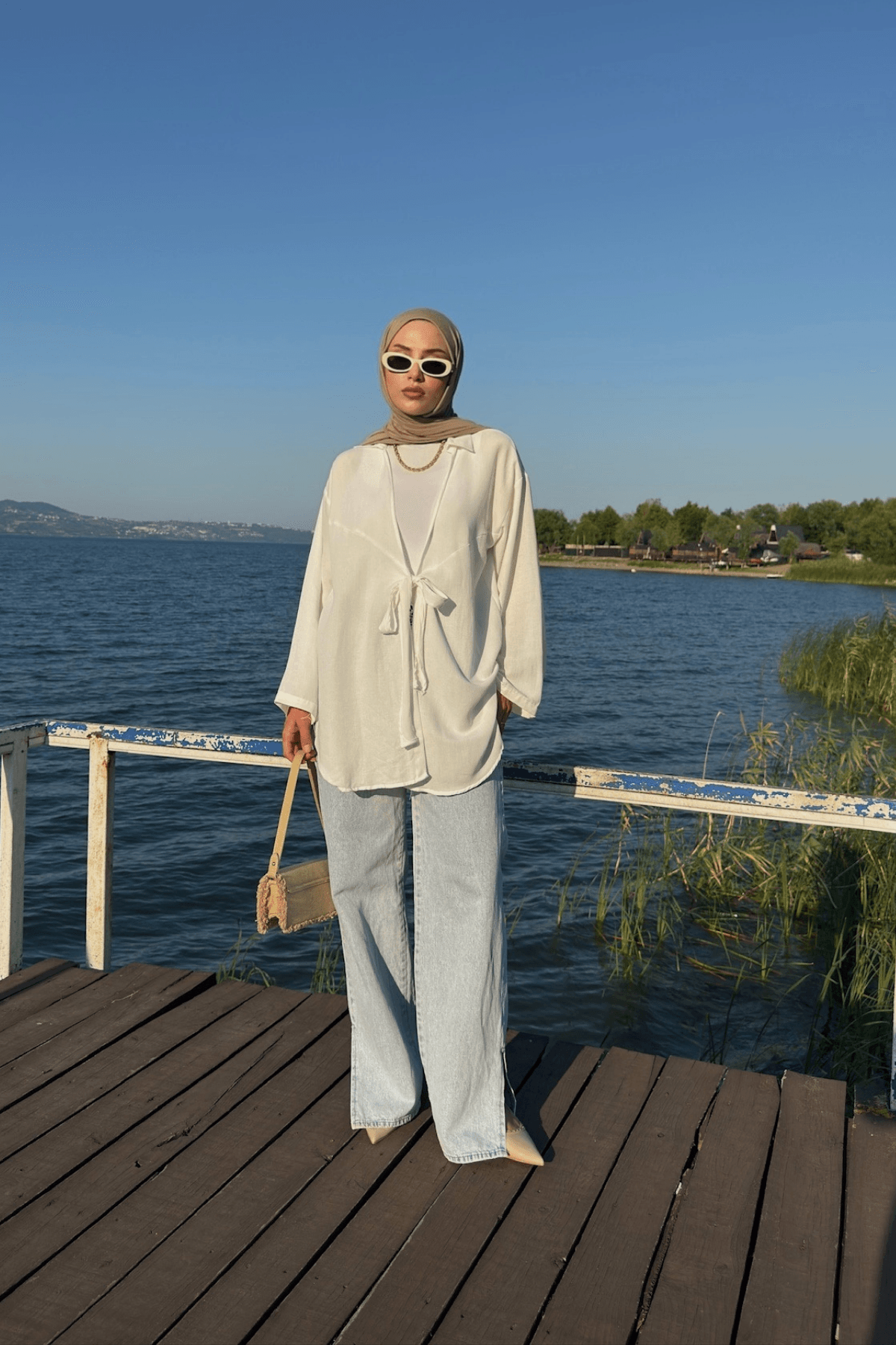 Kadın Beyaz Bağlama Detaylı Flam Keten Kimono