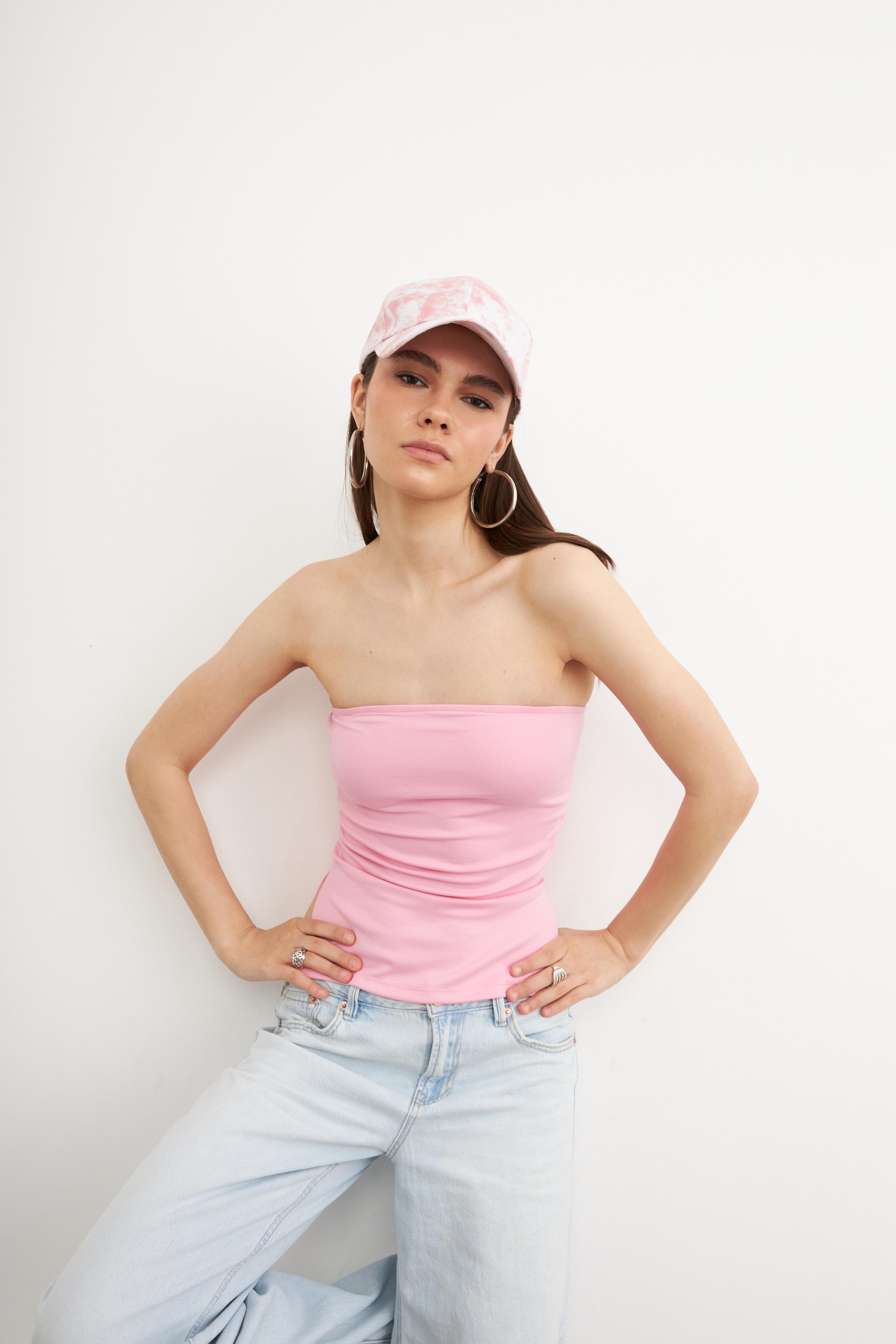 Kadın Pembe Straplez Yanları Yırtmaçlı Modal Yumuşak Dokulu Bluz