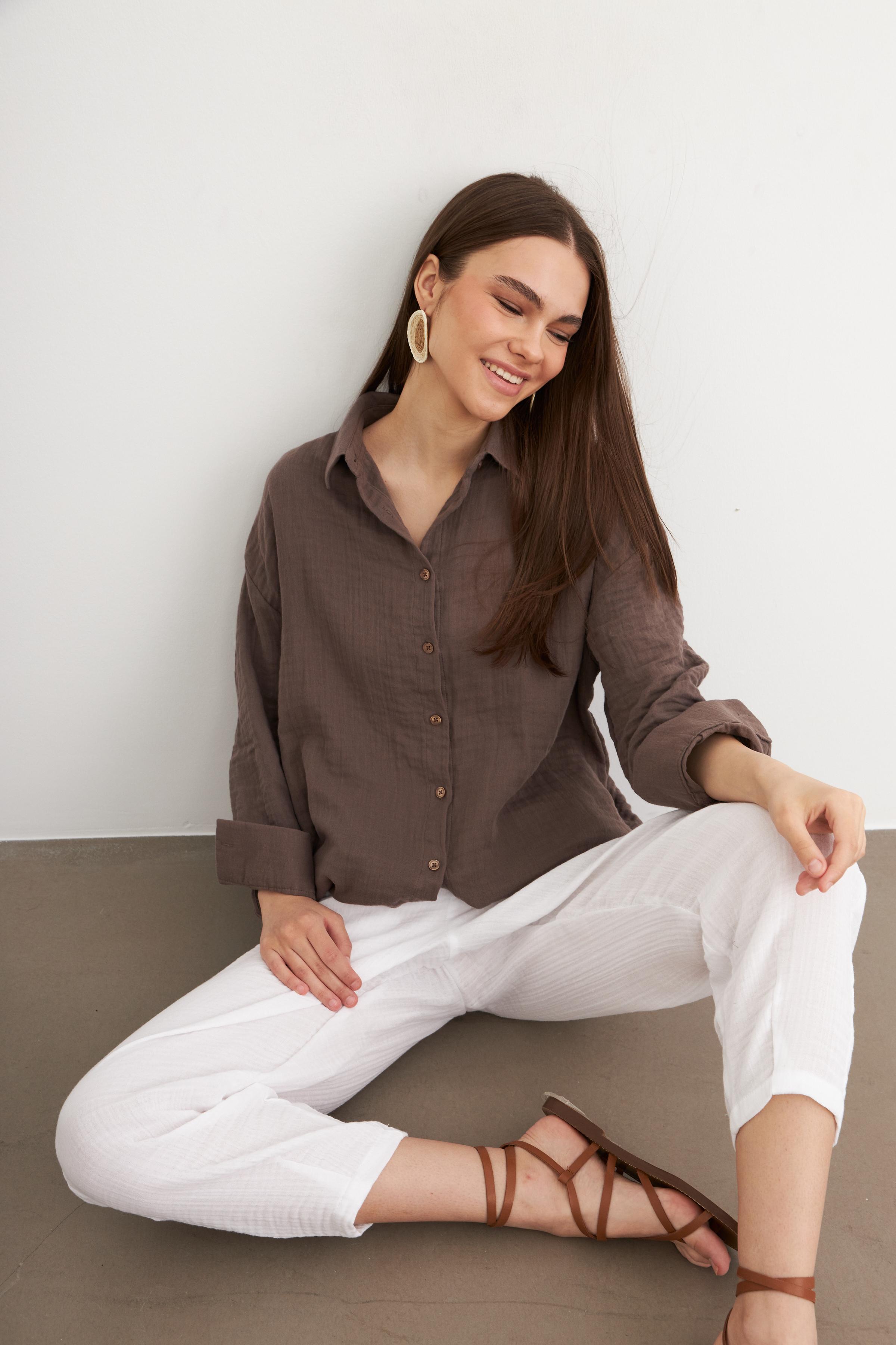 Kadın Mocha Oversize Basic Müslin Gömlek