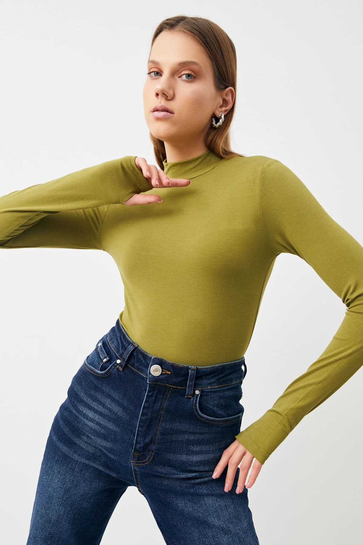 Kadın Yağ Yeşili Krem Parmak Detaylı 2'li Body