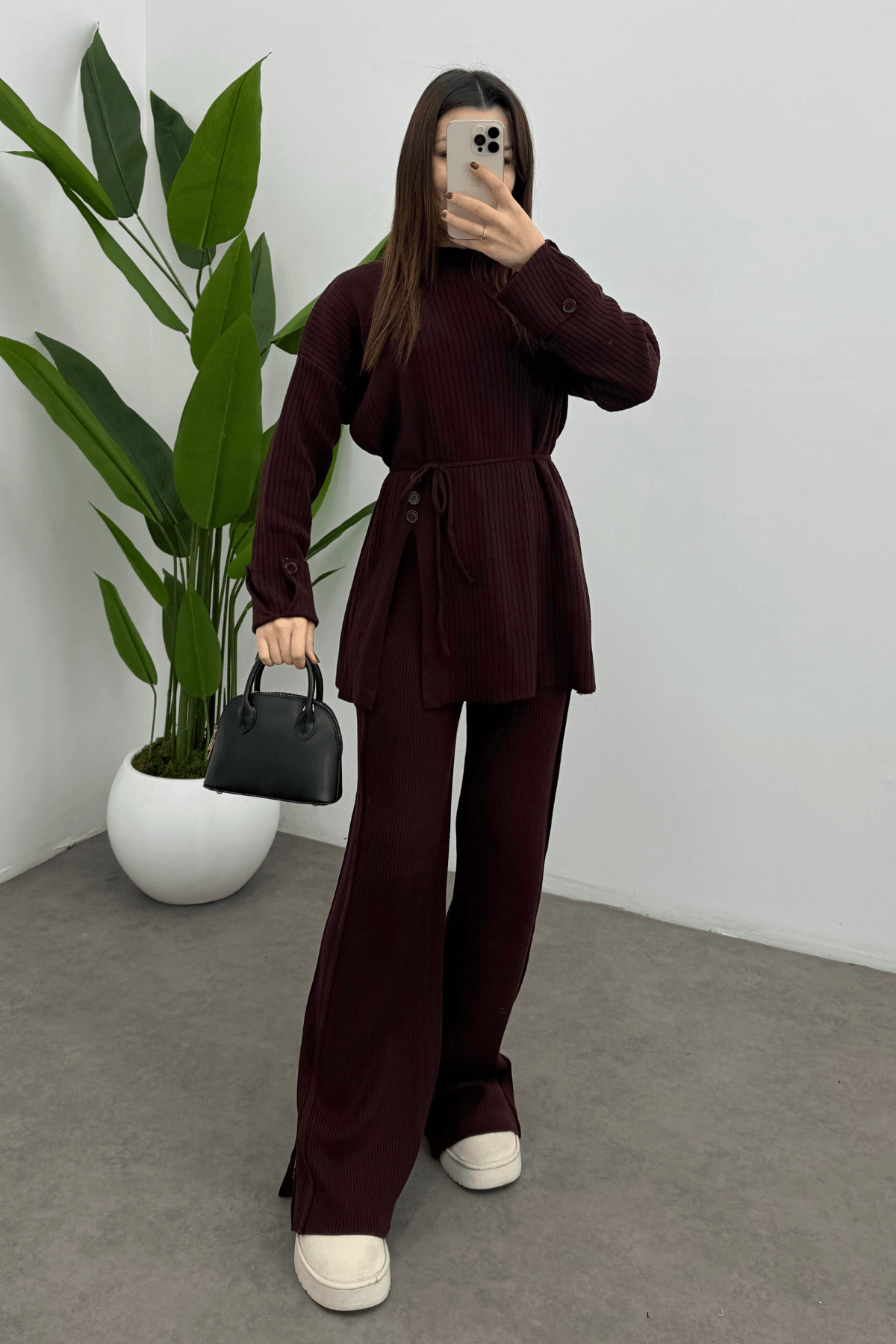 Kadın Bordo Bel Bağlamalı Düğme Detaylı Fitilli Triko Kazak Pantolon İkili Takım