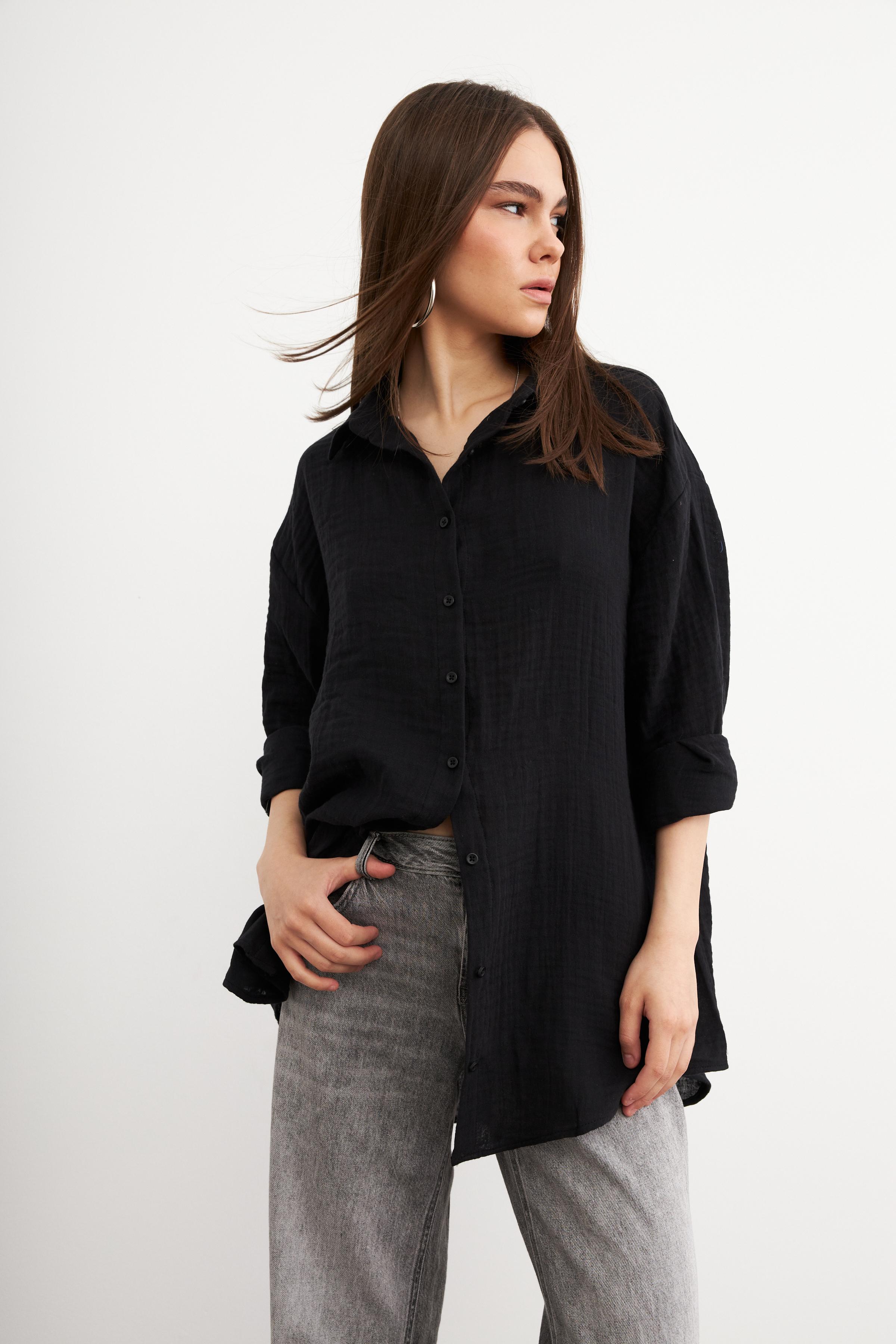Kadın Siyah Oversize Basic Müslin Gömlek