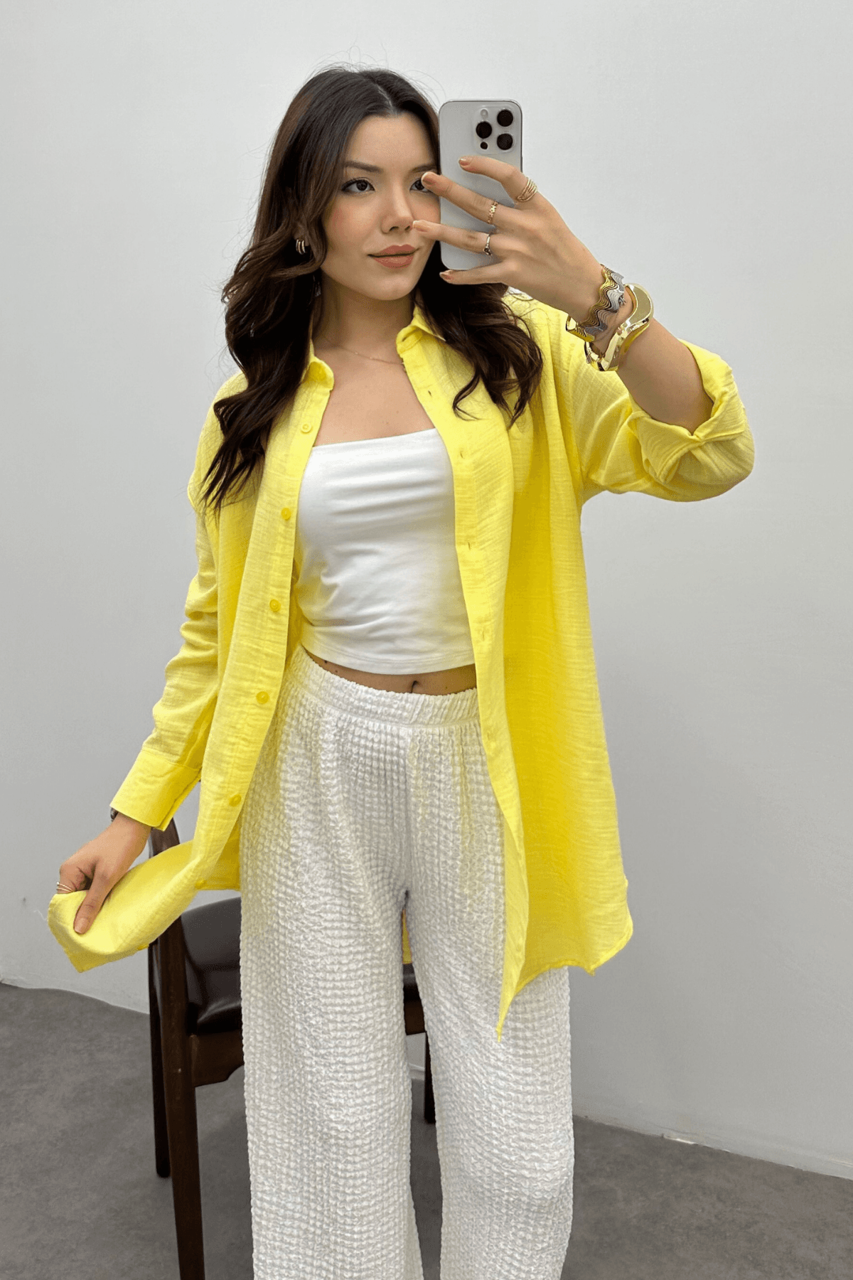 Kadın Tereyağı Sarısı Oversize Basic Müslin Gömlek