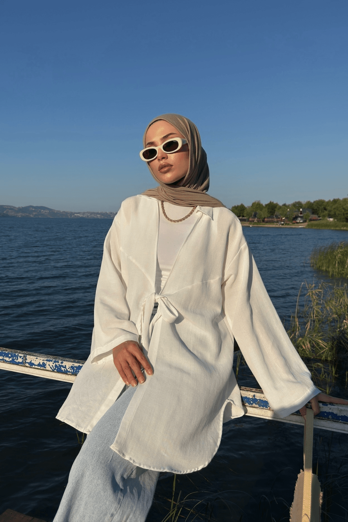 Kadın Beyaz Bağlama Detaylı Flam Keten Kimono