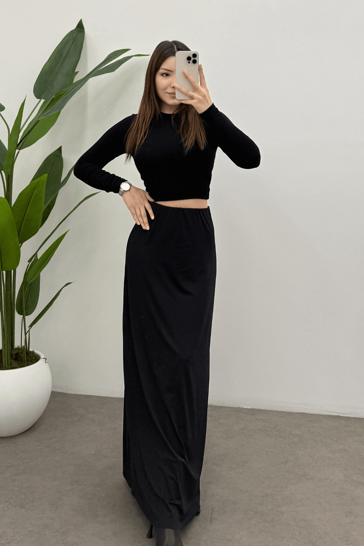 Kadın Siyah Likralı Yüksek Bel Fitted Relaxed Polyamid Maksi Basic Etek