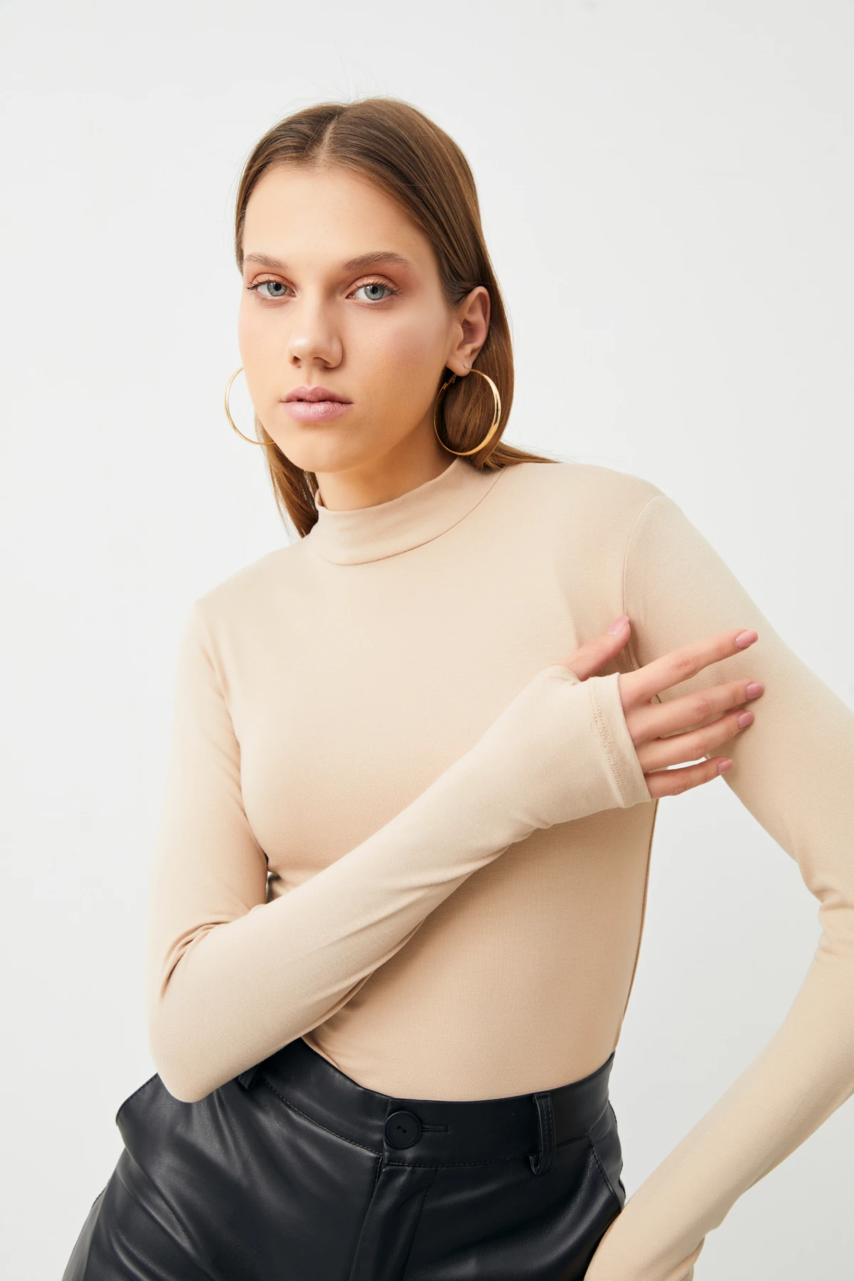 Kadın Yağ Yeşili Krem Parmak Detaylı 2'li Body