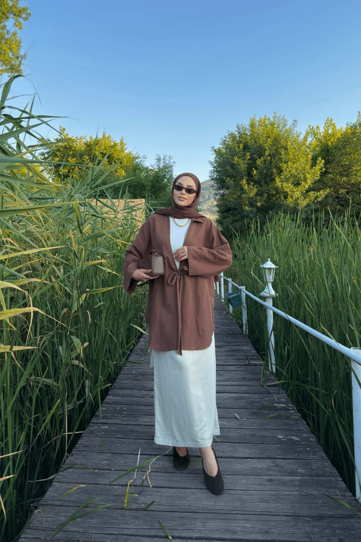 Kadın Acı Kahve Bağlama Detaylı Flam Keten Kimono
