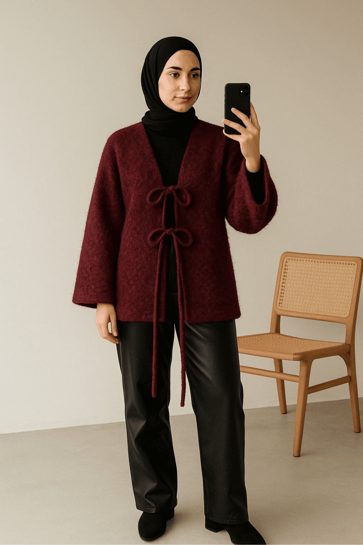Kadın Bordo Bağcık Detaylı İthal Kaşe Ceket