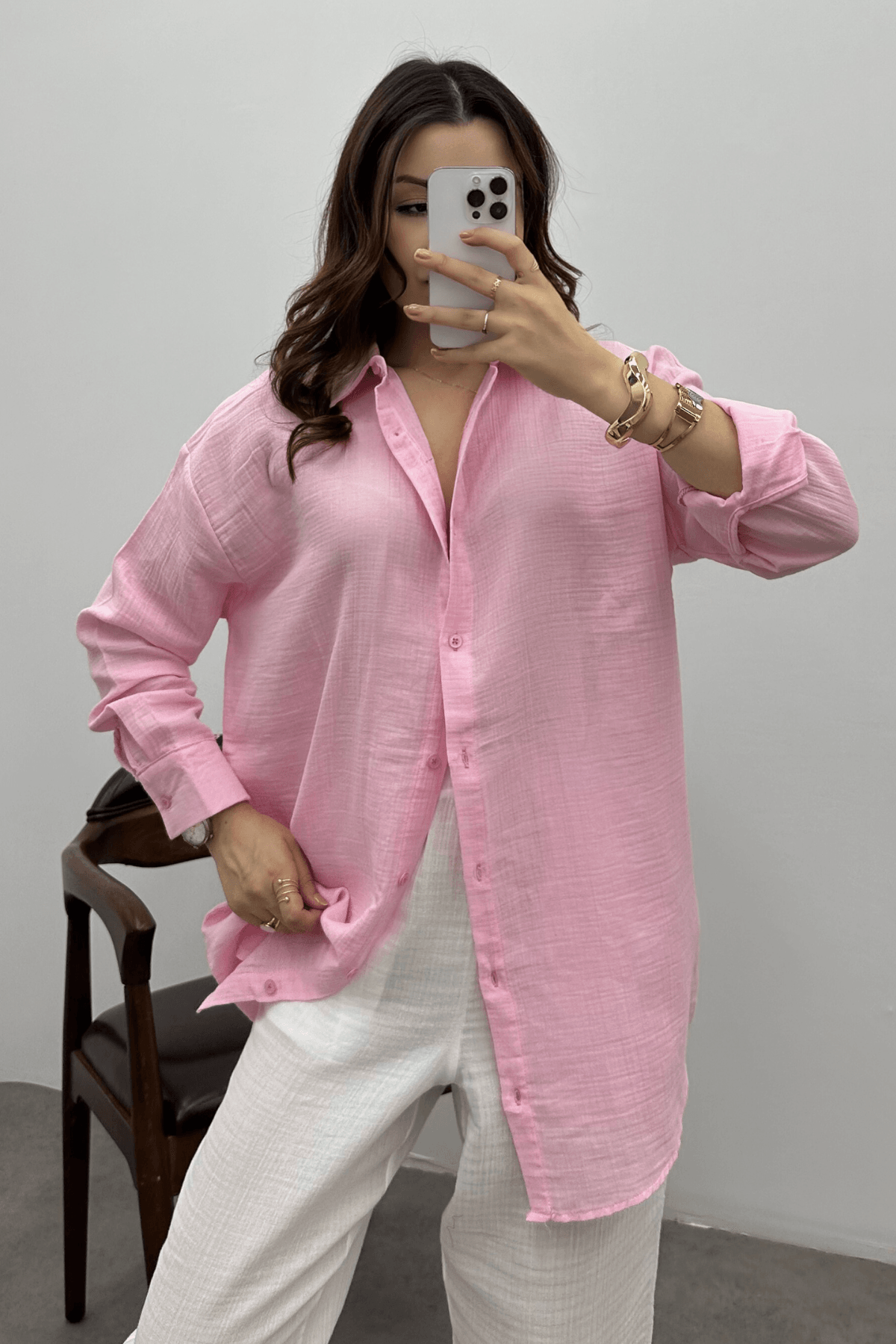 Kadın Pembe Oversize Basic Müslin Gömlek