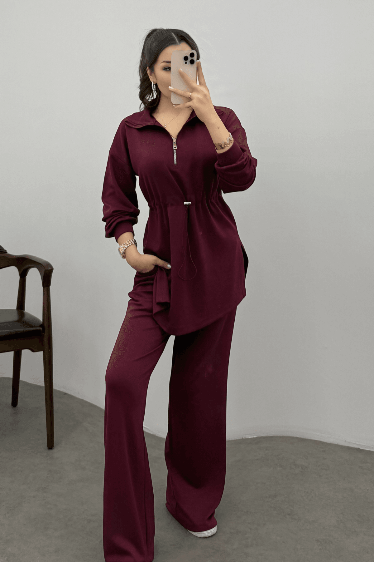 Kadın Bordo Oysho Beli Lastikli Fermuarlı Sweat Takım