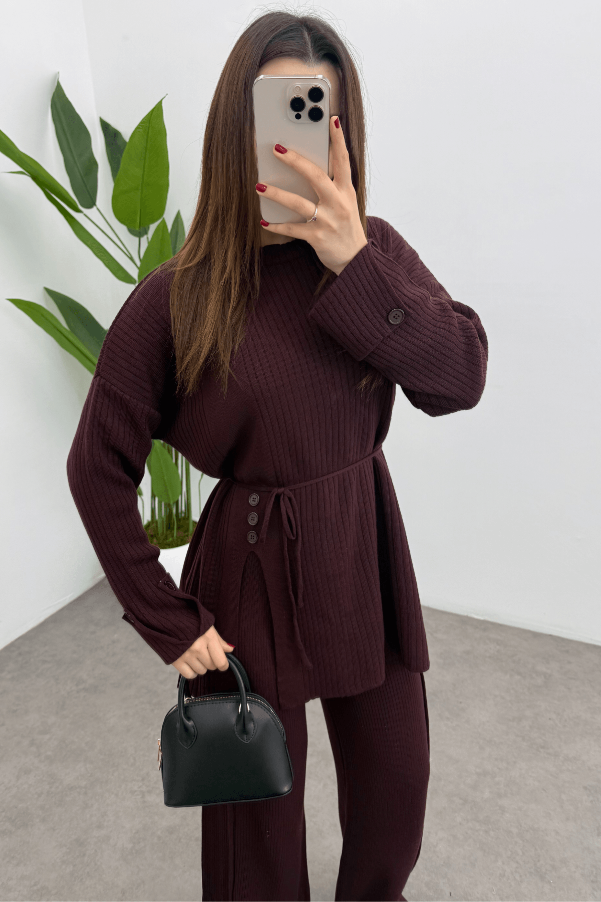 Kadın Bordo Bel Bağlamalı Düğme Detaylı Fitilli Triko Kazak Pantolon İkili Takım