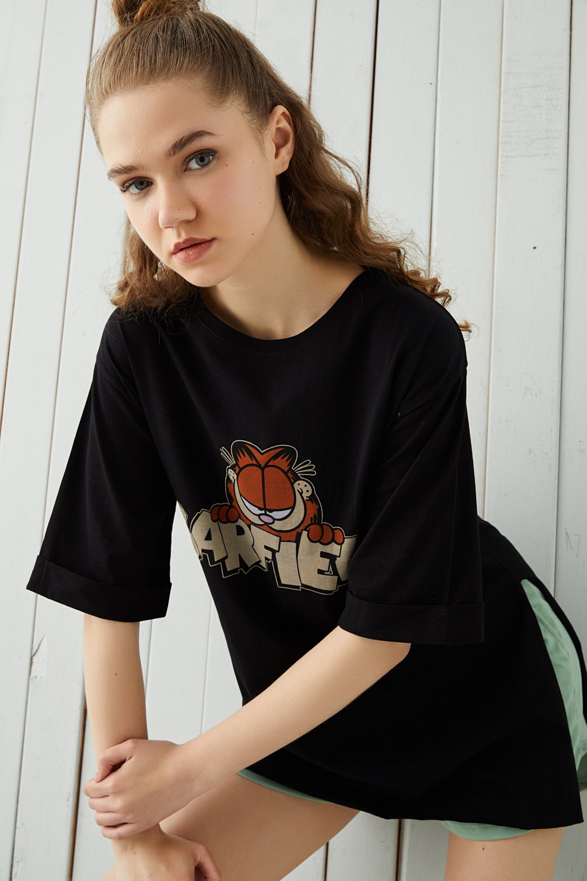 Kadın Siyah Garfield Baskılı Oversize Tshirt