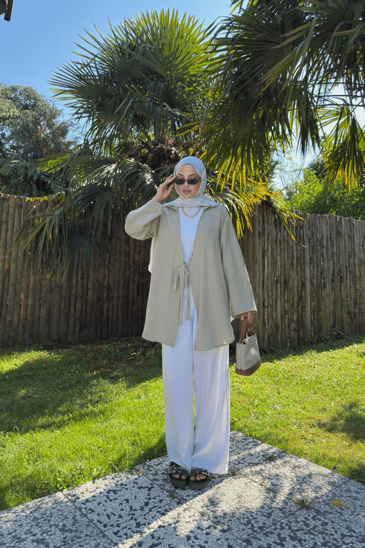 Kadın Küf Yeşili Bağlama Detaylı Flam Keten Kimono