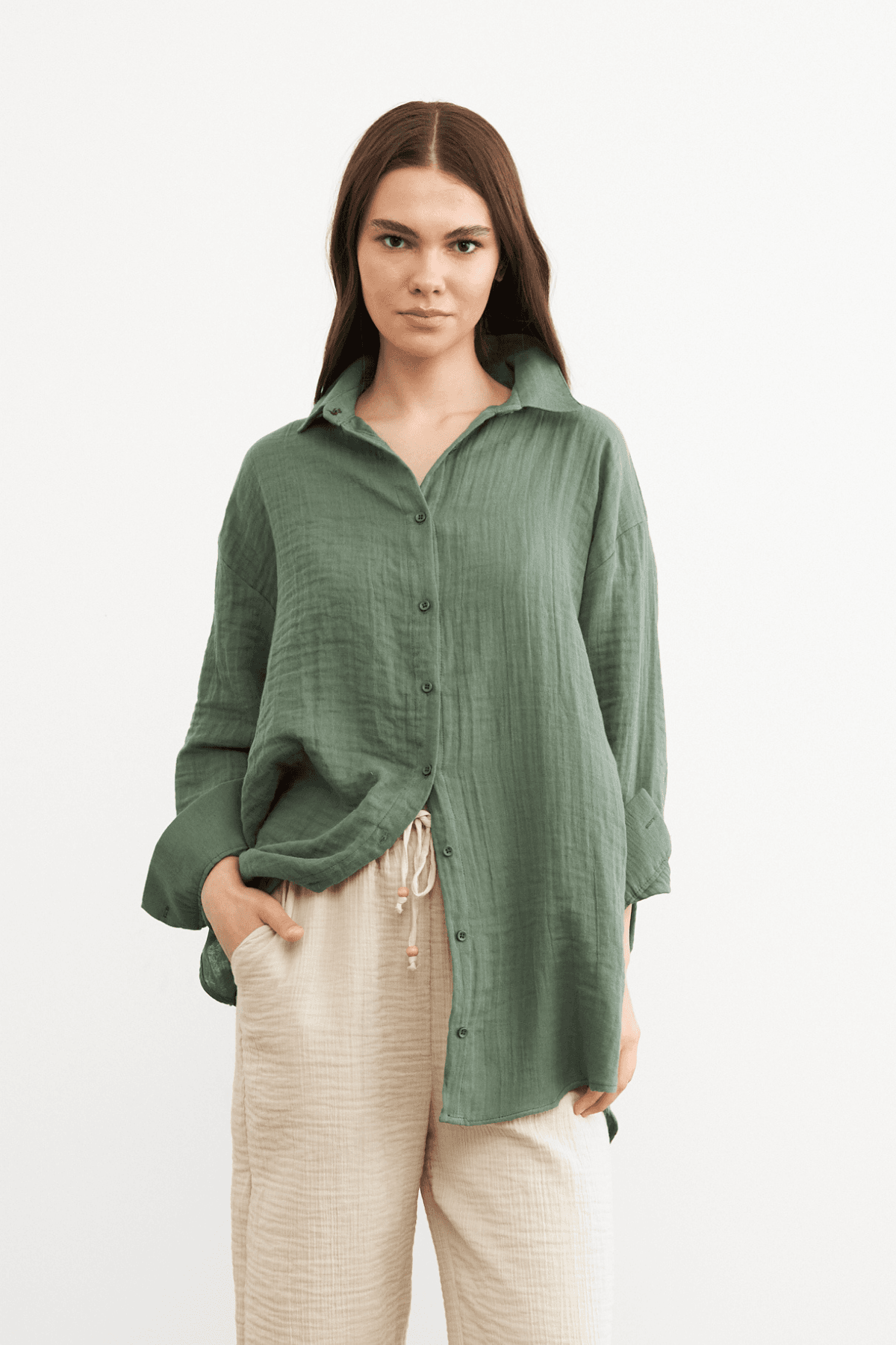 Kadın Mint Yeşili Oversize Basic Müslin Gömlek