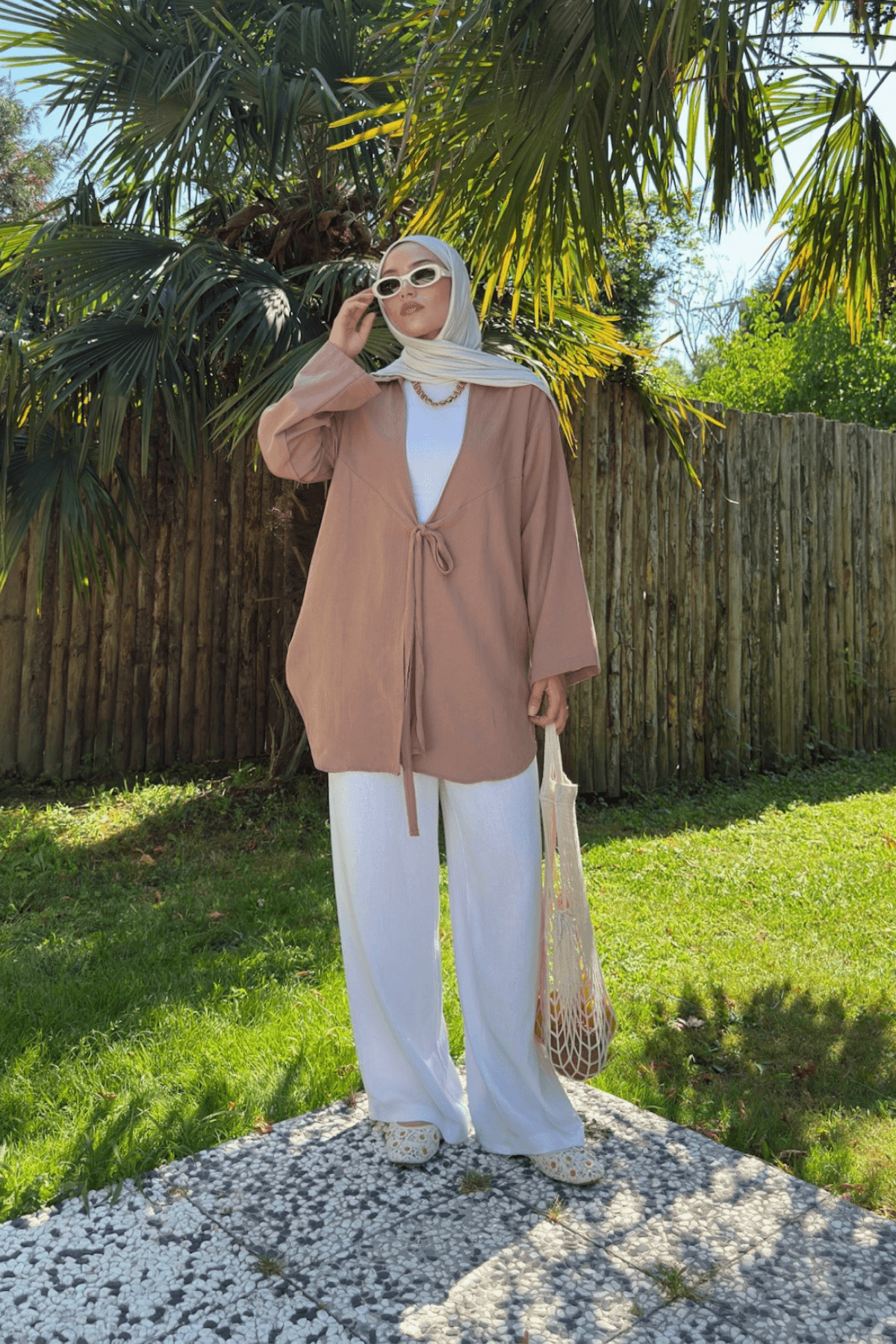 Kadın Kahverengi Bağlama Detaylı Flam Keten Kimono